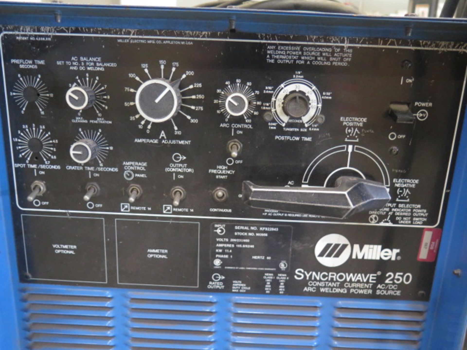 Miller Syncrowave 250 CC-AC/DC Arc Welding Power Source s/n KF922843 w/ WeldTec Cooler, SOLD AS IS - Image 4 of 7