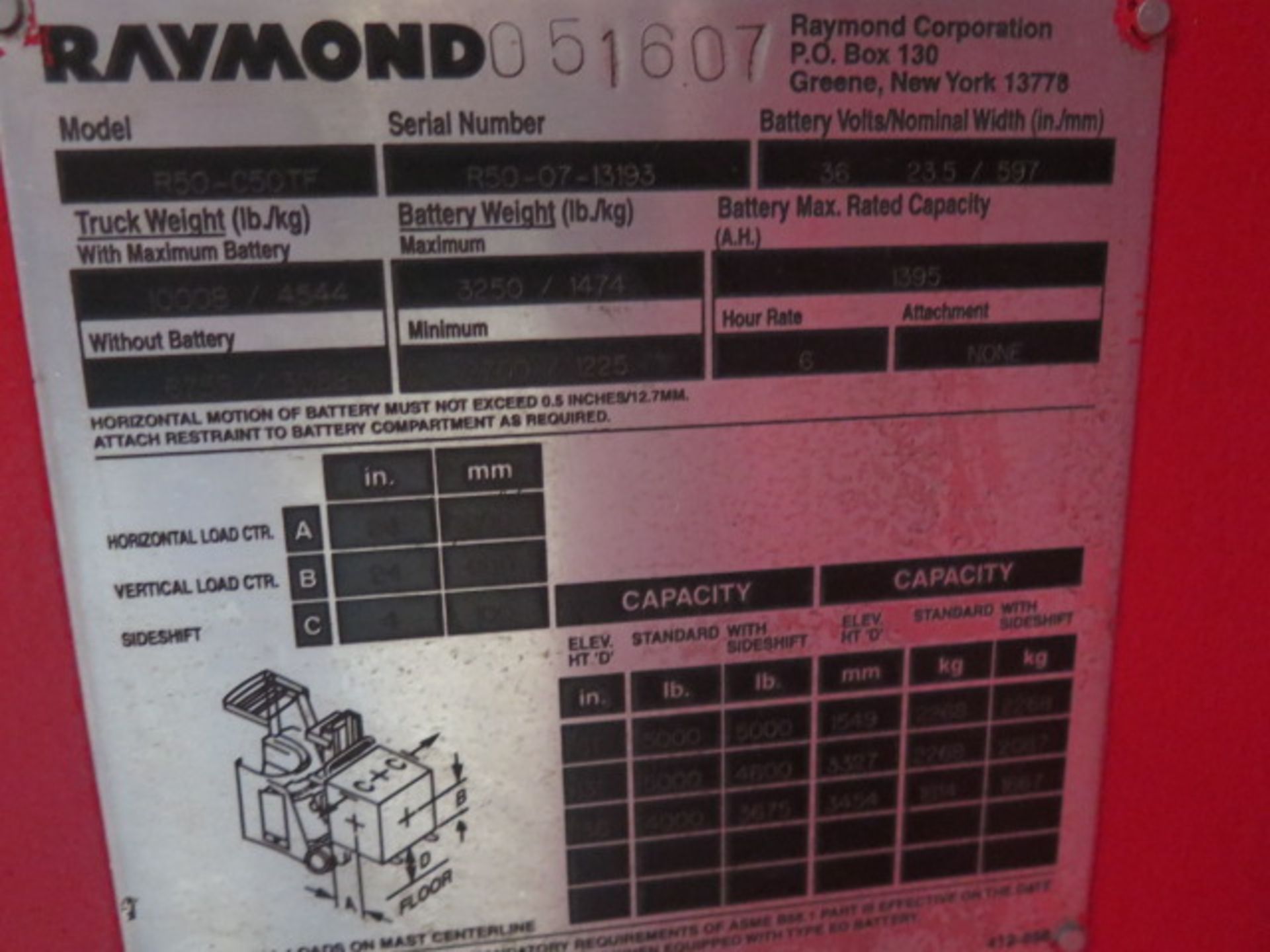 2007 Raymond R50-C50TF 5000 Lb, Standing Elec Forklift s/n R50-07-13193 w/ 2-Stage Mast, SOLD AS IS - Image 11 of 11