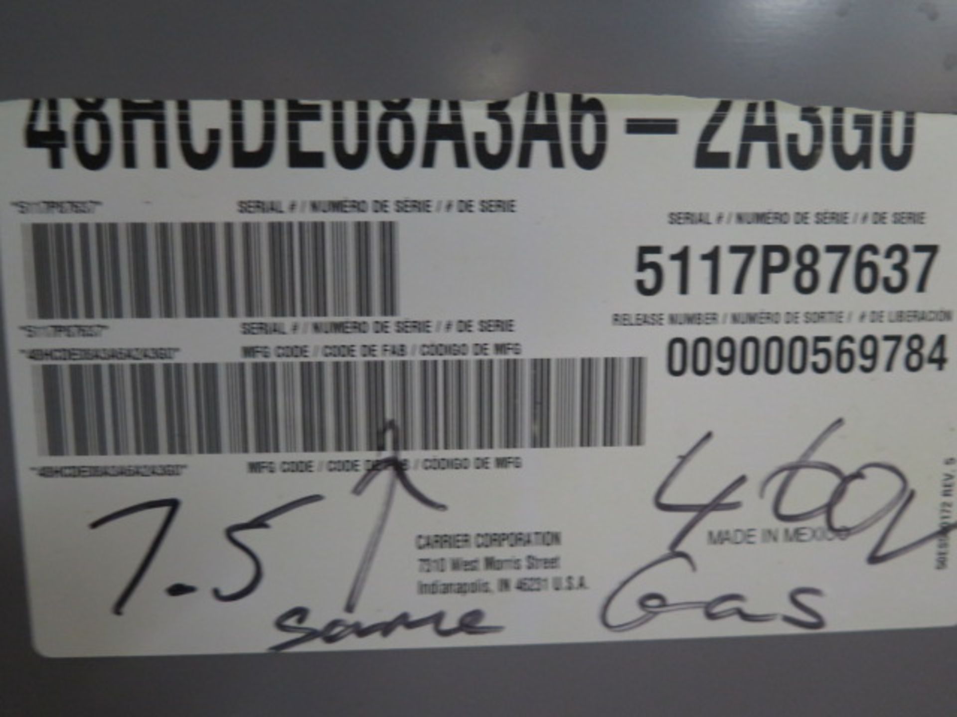 Carrier 48HCDE08A3A6-2A3G0 7.5 Ton Gas Unit s/n 5117P87637 460V-3PH. (SOLD AS-IS - NO WARRANTY) - Image 5 of 7