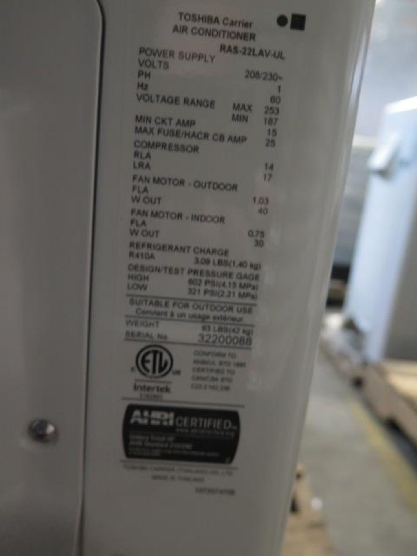 Toshiba / Carrier RAS-22LAV-UL Inverter Outdoor Units 208/230V-1PH. (SOLD AS-IS - NO WARRANTY) - Image 5 of 5
