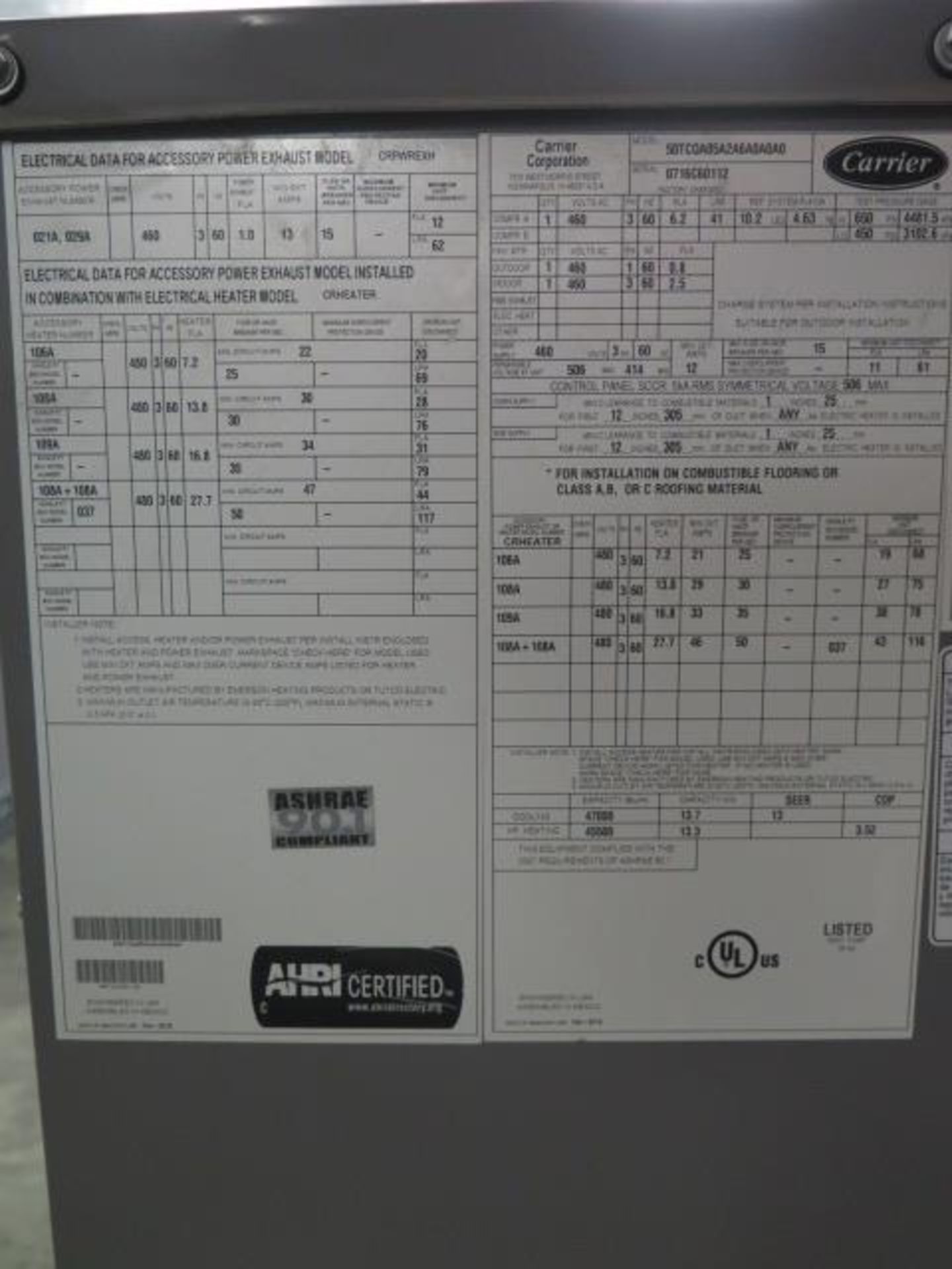 Carrier 50TQCA05A2A6-0A0A0 4 Ton Heat Pump s/n 0716C60112 460V-3PH. (SOLD AS-IS - NO WARRANTY) - Image 7 of 7