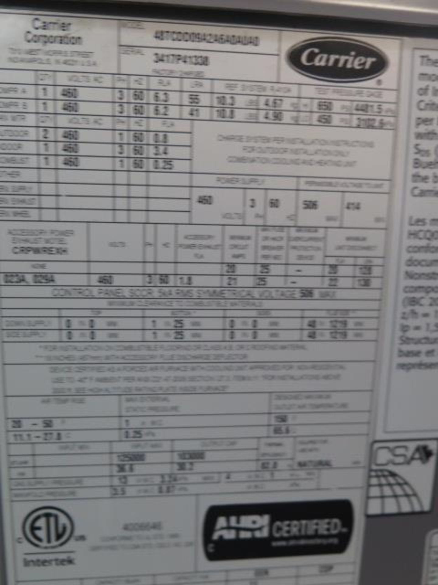 Carrier 48TCDD09A2A6A0A0A0 8 Ton Gas Heat Unit s/n 3417P41338 460V. (SOLD AS-IS - NO WARRANTY) - Image 6 of 6