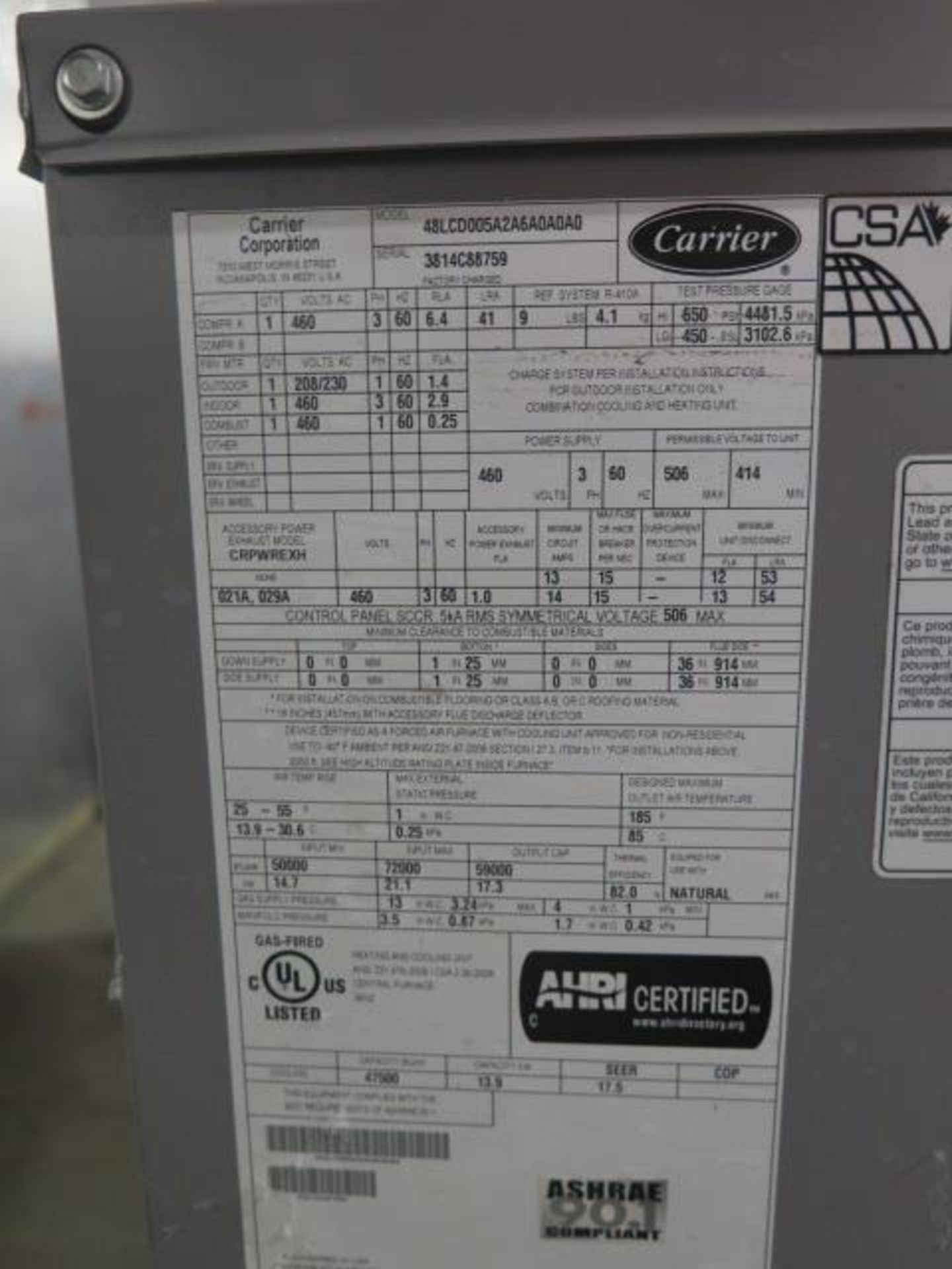 Carrier 48LCD005A2A6-0A0A0 4 Ton Gas Unit s/n 3814C88759 460V-3PH. (SOLD AS-IS - NO WARRANTY) - Image 7 of 7