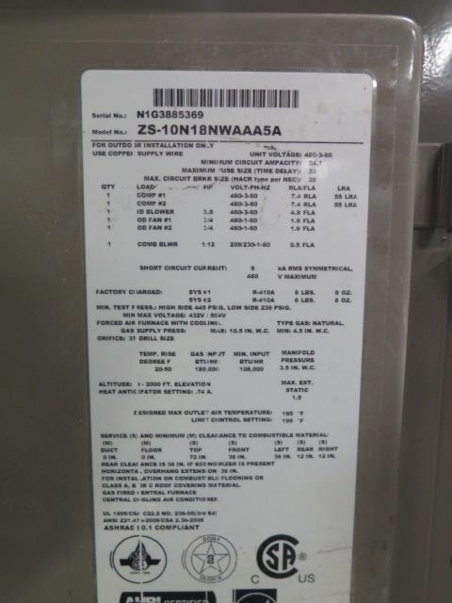 Johnson ZS-10N18NWAAA5A 10 Ton Gas Unit s/n N1G3885364 460V-3PH w/ Curb Base (SOLD AS-IS - NO - Image 6 of 7