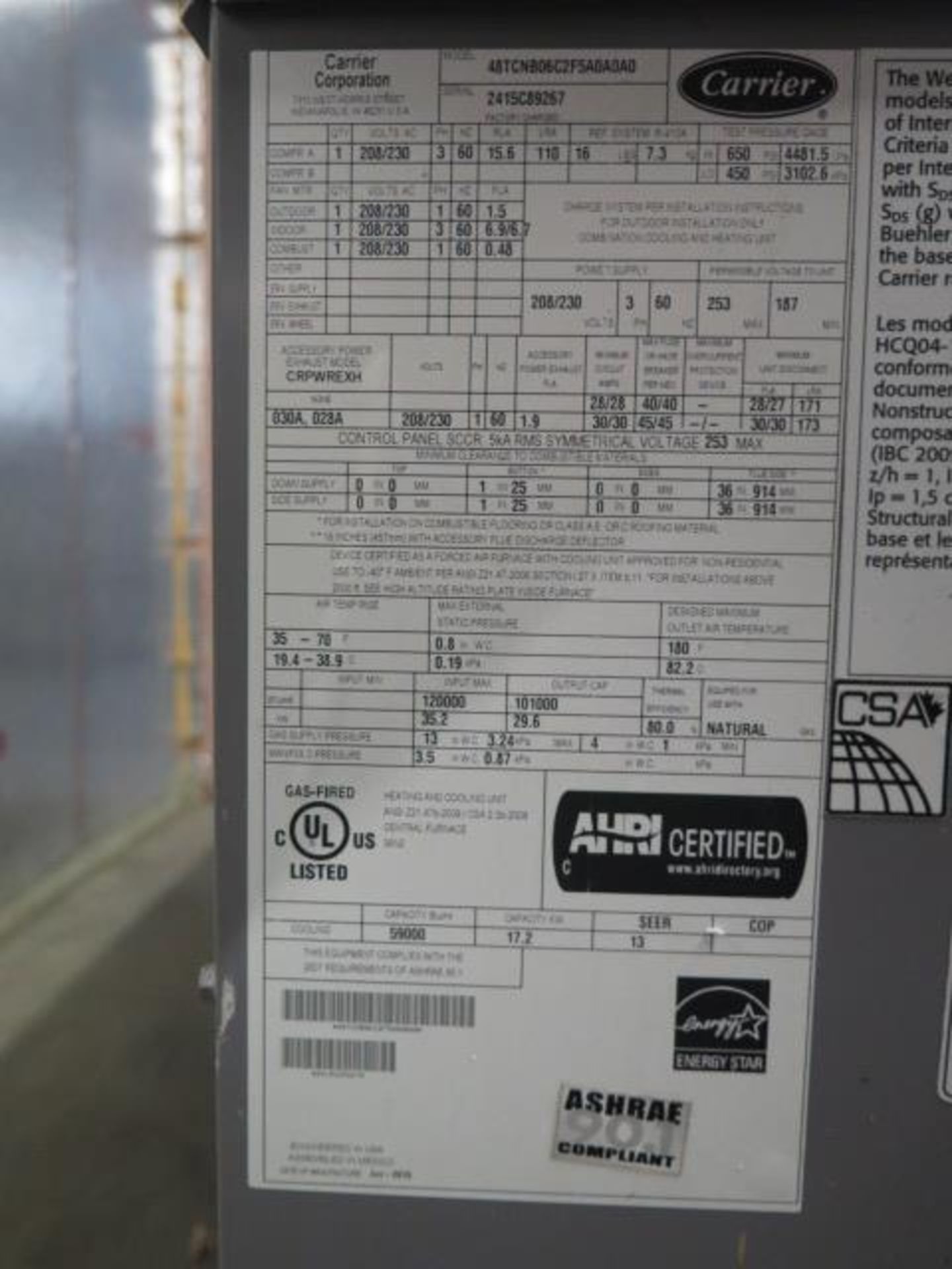 Carrier 48TNCB06C2F5-0A0A0 5 Ton Gas Heat Unit s/n 2415C89267 208/230V. (SOLD AS-IS - NO WARRANTY) - Image 8 of 8