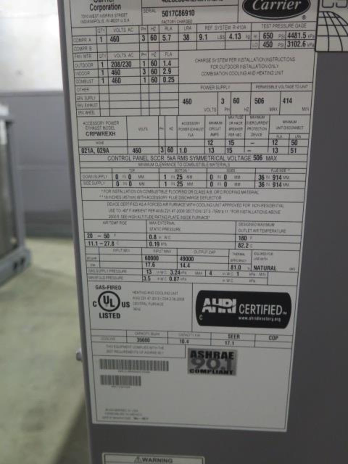 Carrier 48LCL004A2A6A1A3A0 3 Ton Gas Unit s/n 5017C86910 460V-3PH. (SOLD AS-IS - NO WARRANTY) - Image 7 of 7