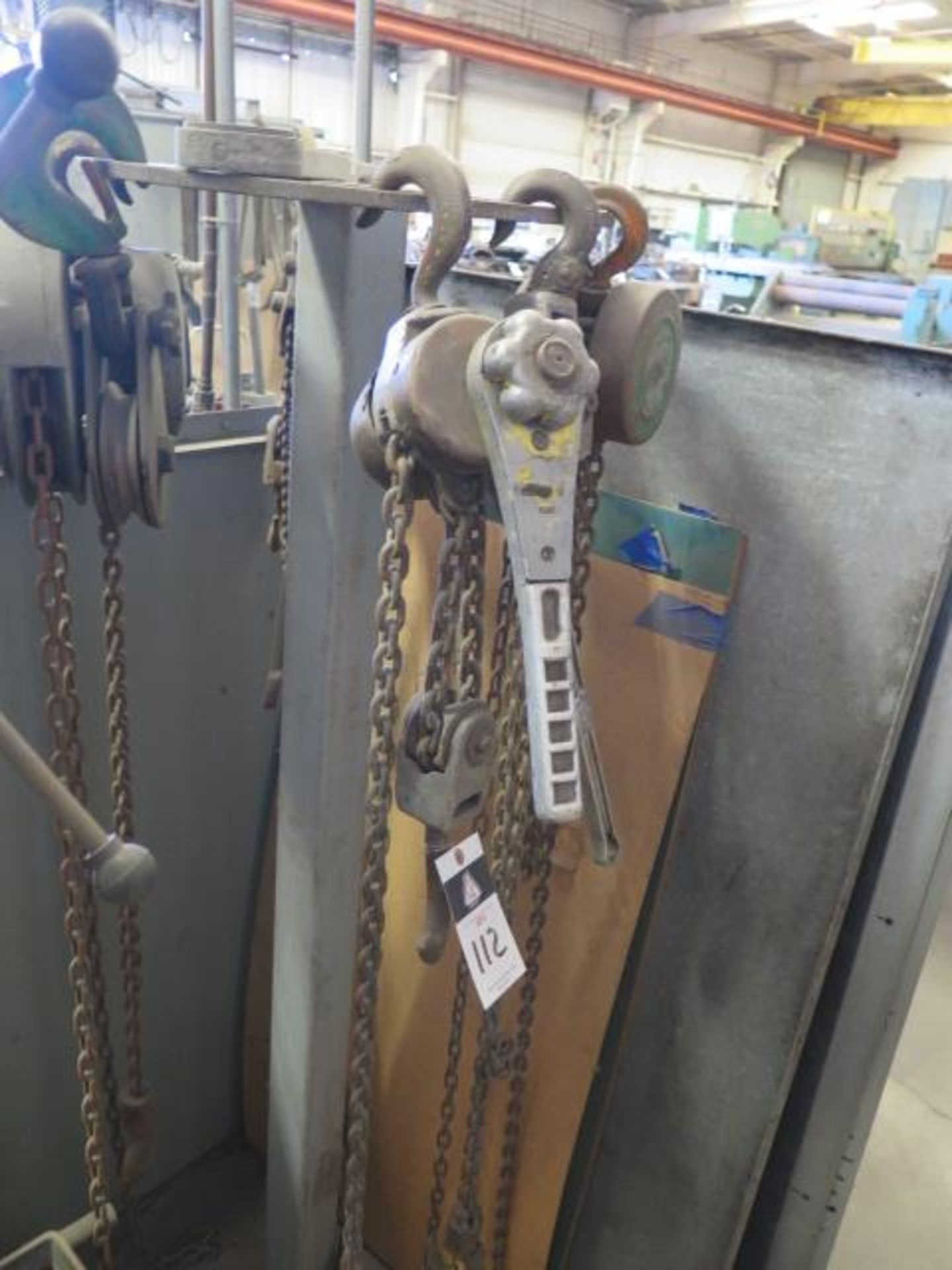 Chain Hoists (2) and (3) Chain Come-Alongs w/ Rack (SOLD AS-IS - NO WARRANTY)