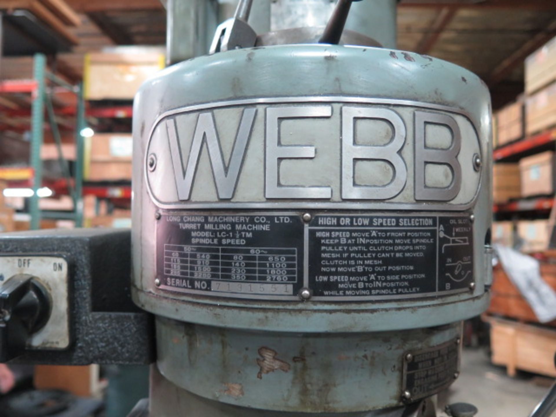 Webb Vertical Mill s/n 7131551 w/ 2Hp Motor, 80-2760 RPM, 9” x 47” Table (SOLD AS-IS - NO WARRANTY) - Image 7 of 7
