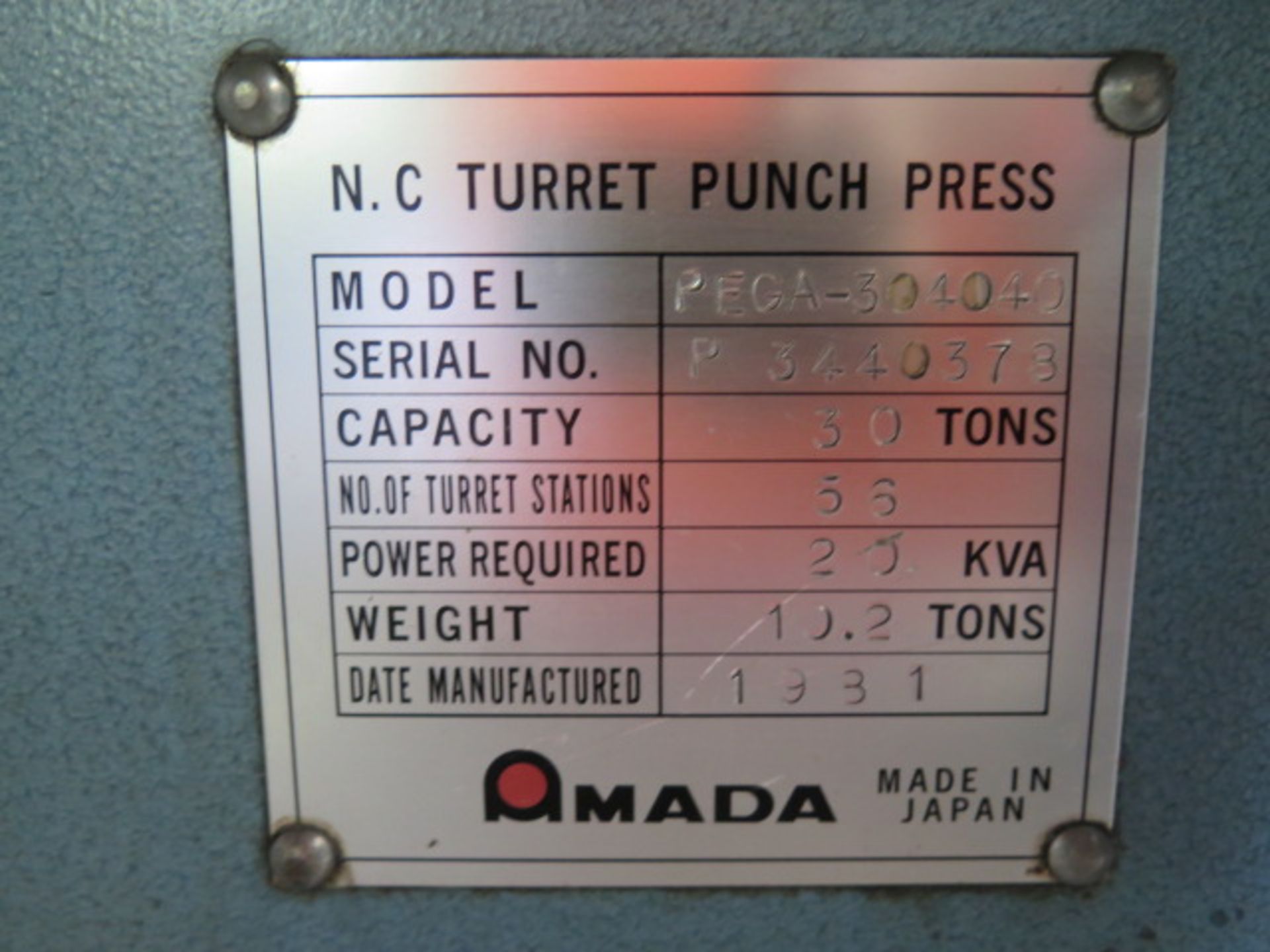 Amada PEGA-344 30 Ton 56-Station CNC Turret Punch s/n P3440378 w/ Amada-Fanuc Controls, SOLD AS IS - Image 14 of 17