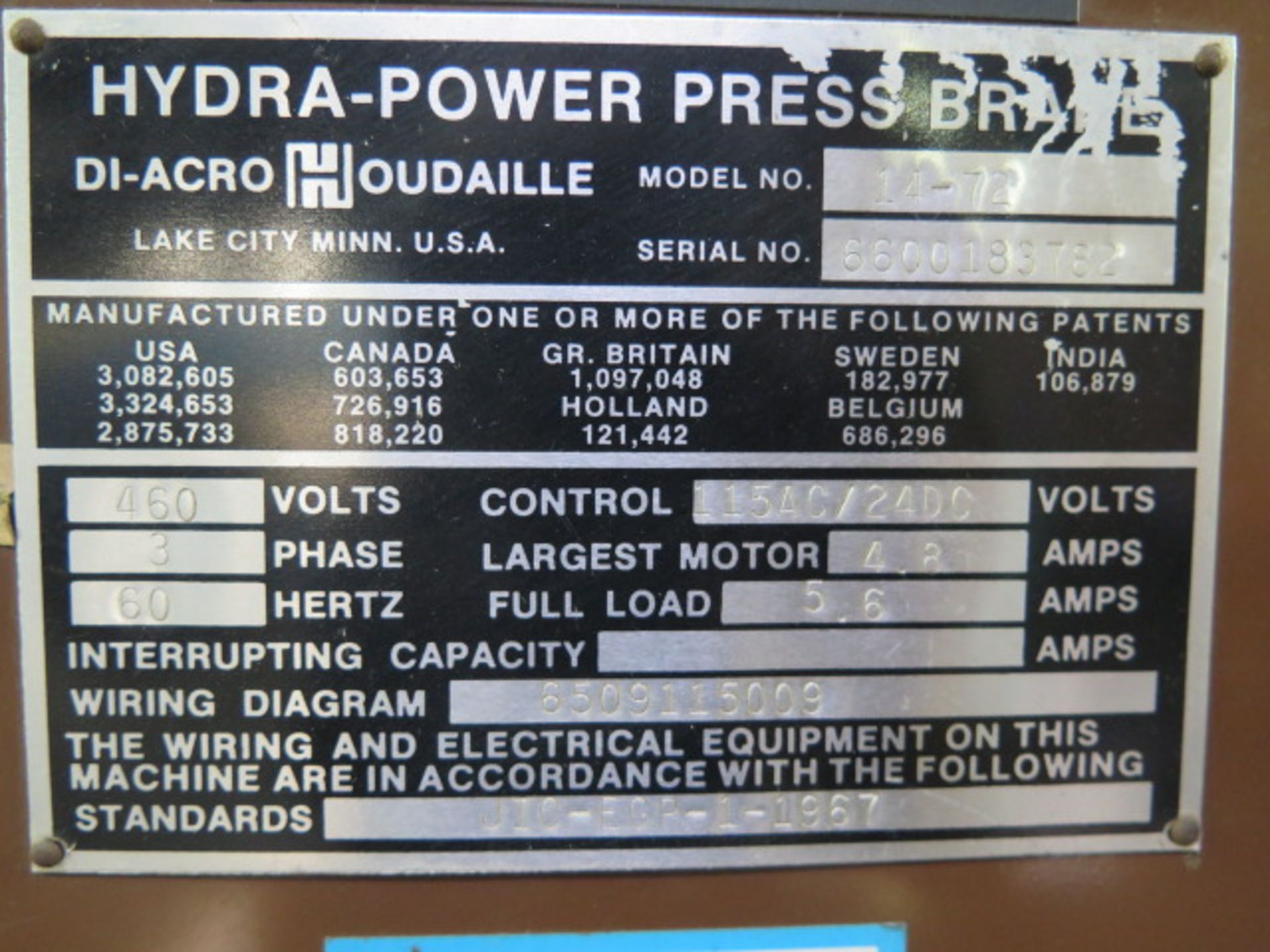 DiAcro 14-72 14GA x 6’ Hydra-Power Press Brake s/n 6600183782 w/ Dial Back Gauge, , SOLD AS IS - Image 15 of 15