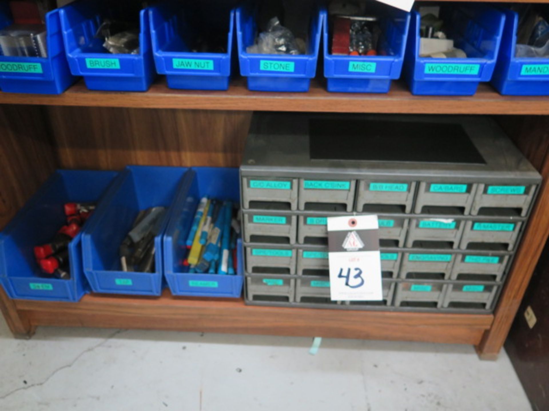 Misc Tooling, Endmills, Taps, Reamers, Key-SCutters w/ Drawered Cabinet and Bins (SOLD AS-IS - NO