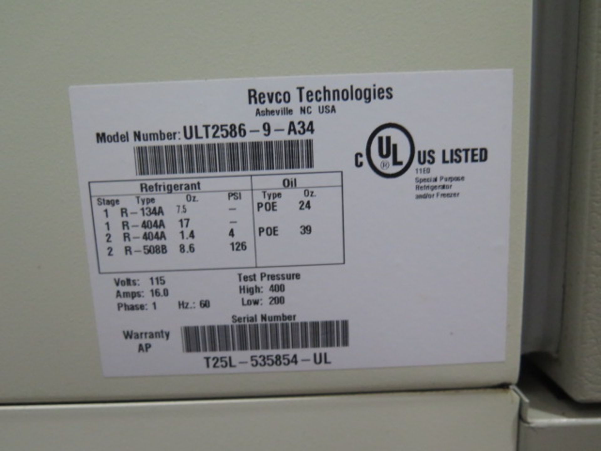 Revco ULT2586-9-A34 -80 Degree Lab Freezer (SOLD AS-IS - NO WARRANTY) - Image 8 of 8