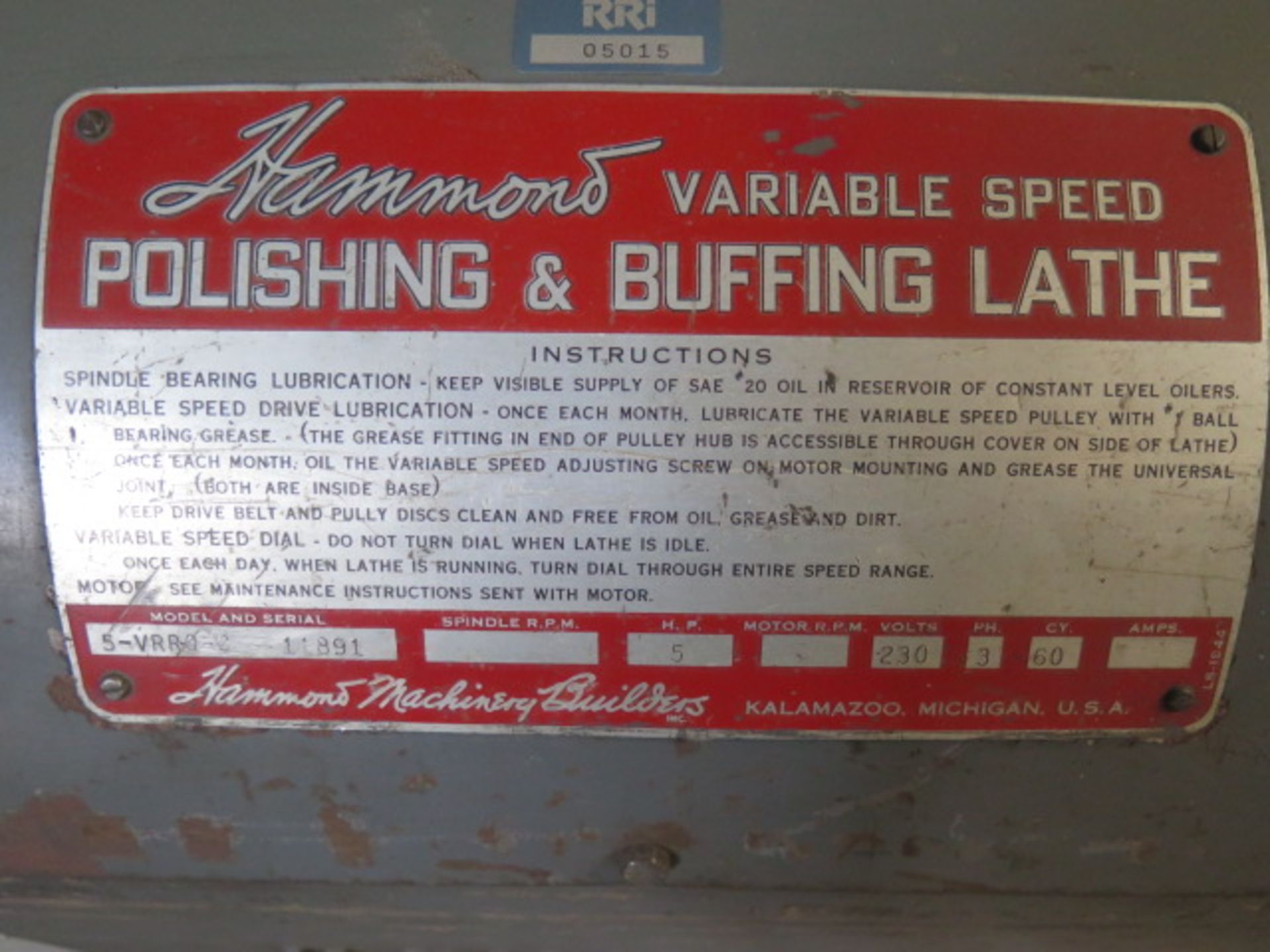 Hammond mdl. 5-VRRO Variable Speed Polishing and Buffing Lathe s/n 11891 w/ (2) Variable Speed - Image 9 of 10