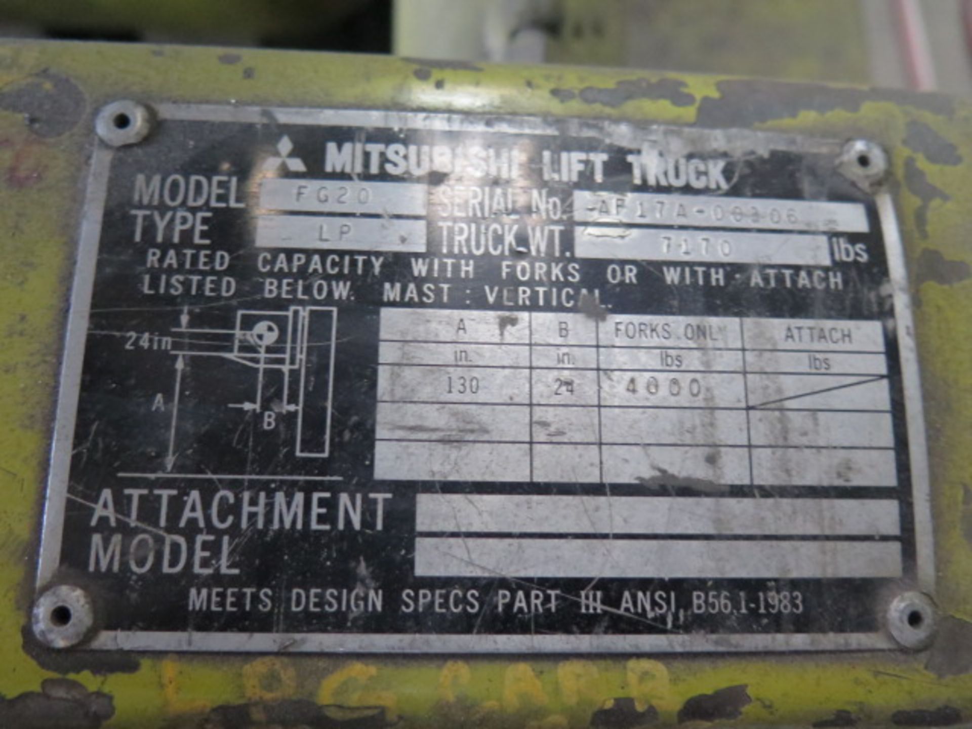 Mitsubishi FG20 4000 Lb Cap LPG Forklift s/n AF17A-00306 w/ 2-Stage Mast, 130” Lift SOLD AS IS - Image 13 of 13