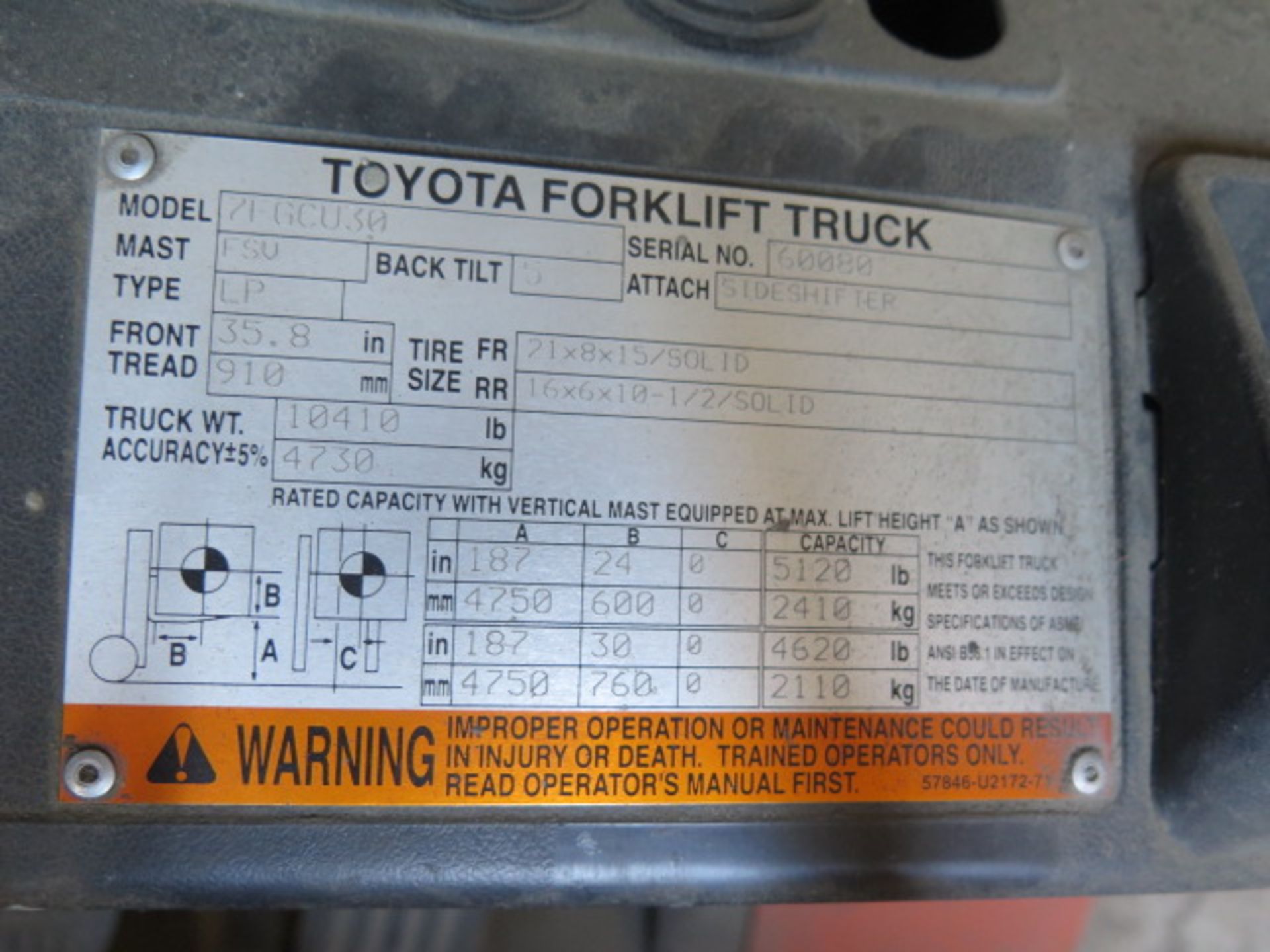 Toyota 7FGCU30 4750 Lb Cap LPG Forklift s/n 60080 w/ 3-Stage Mast, 188” Lift, Side Shift, SOLD AS IS - Image 13 of 13