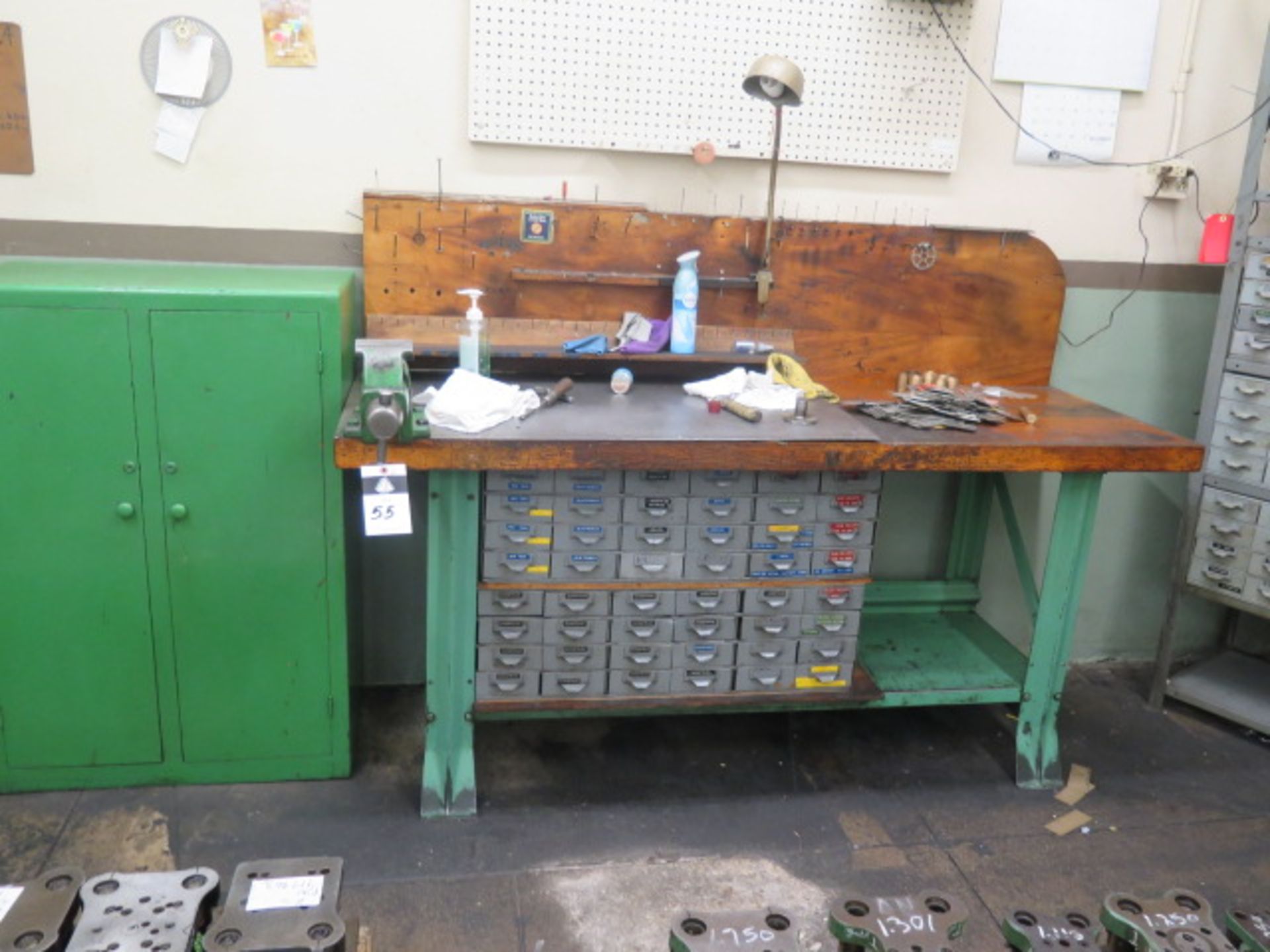 Work Bench w/ Craftsman 4" Bench Vise, Shelf w/ Drawered Cabinets and Storage Cabinet (SOLD AS-IS