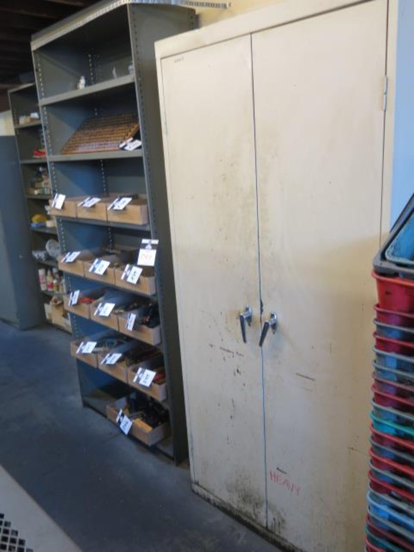 Storage Cabinets (2) and (2) Shelves w/ Misc (SOLD AS-IS - NO WARRANTY)