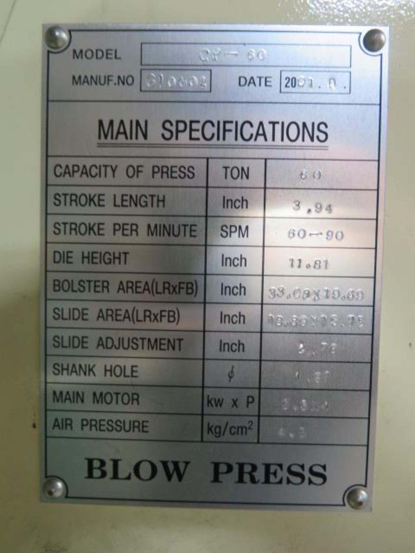 2001 Blow CP-60 60 Ton Gap Frame Punch Press s/n GI0002, 3.94" Stroke, 60-90 SPM, SOLD AS IS - Image 15 of 15