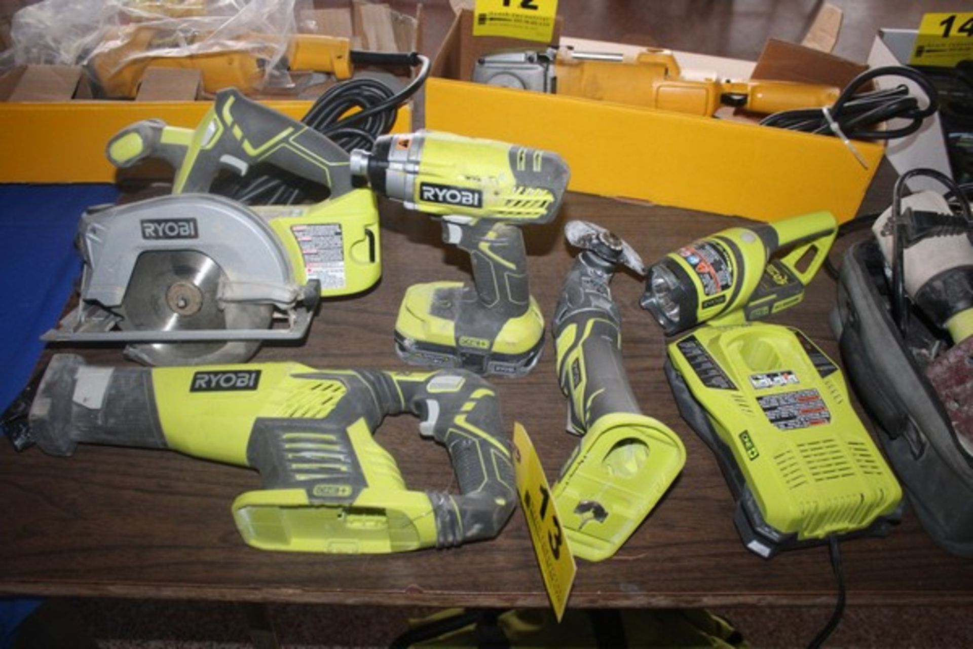 RYOBI CORDLESS TOOL SET, INCLUDING RICPROCATING SAW, CIRCULAR SAW, DRIVE, MULTI-TOOL & FLASHLIGHT,