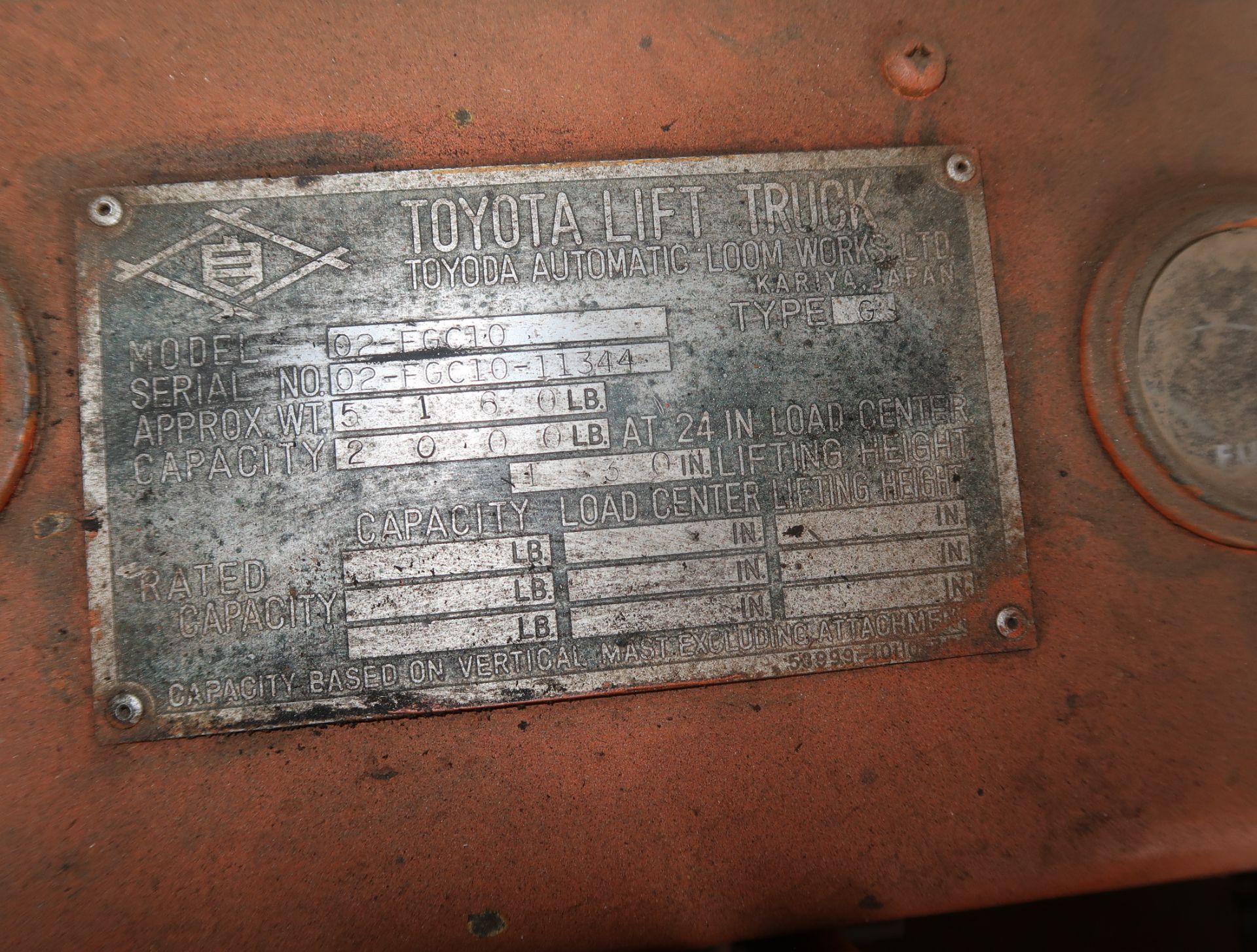 TOYOTA MDL. O2 FGC10 2000# FORKLIFT, GAS, SOLID TIRE, SN. FGC10 11344 - Image 3 of 4