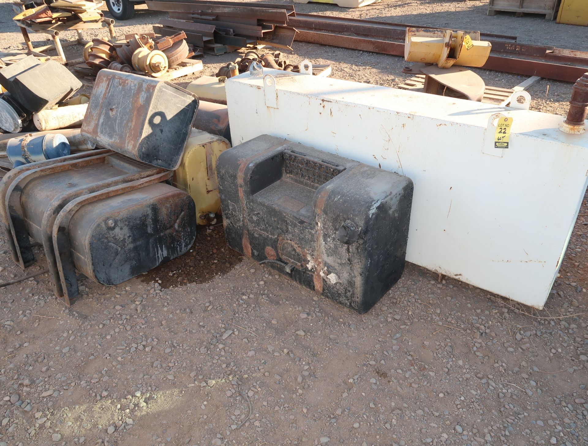 LOT ASST. FUEL TANKS, IDLER ROLLERS, FANS, HUBS, AXLES, ETC.