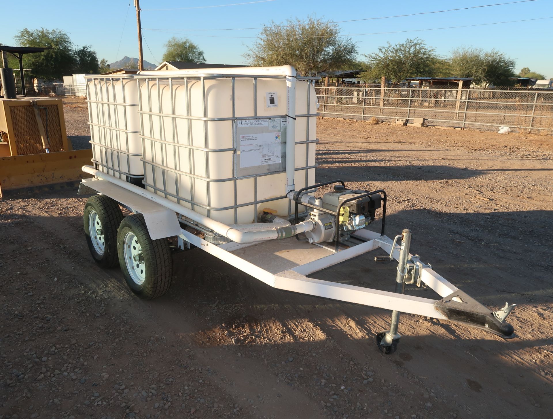 SHOP BUILT WATER WAGON, 2-250GAL TOTES, 2-AXLE TRAILER, 6.5HP GAS POWERED PUMP