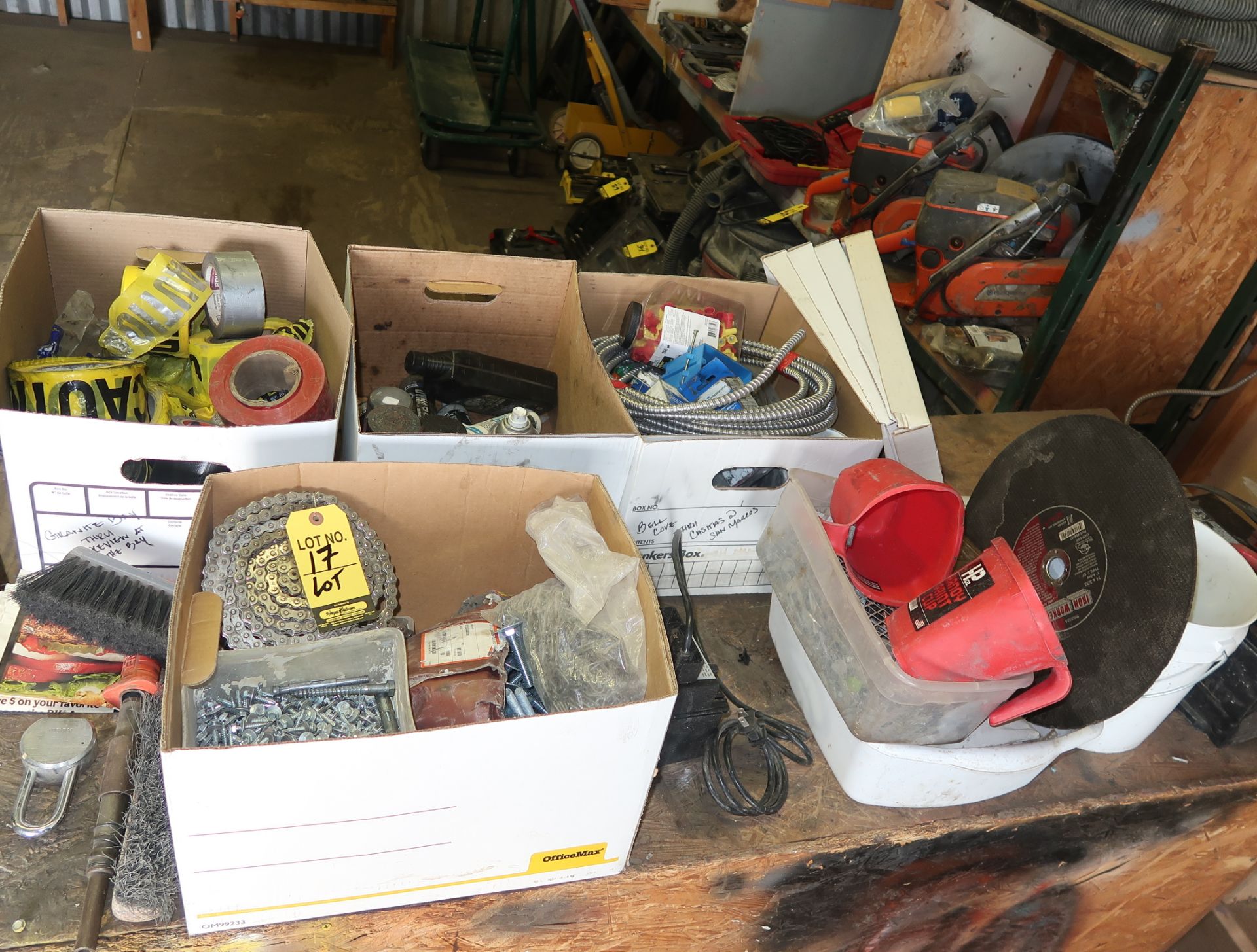 LOT; CHAINS, FASTENERS, ELECTRICAL EQUIPMENT, CAUTION TAPE, ETC