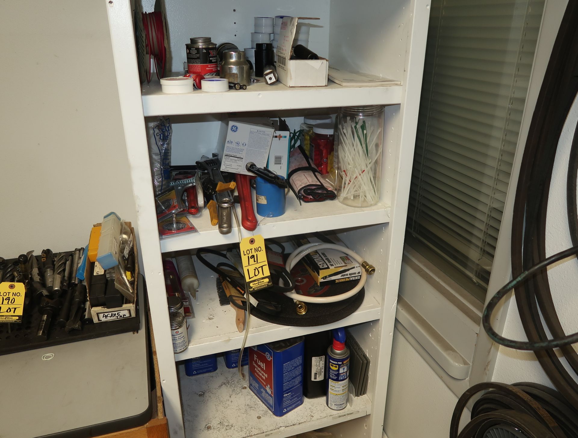 STORAGE SHELF W/ CONTENTS; WRENCHES, WIRE, HOSES, BRUSHES, ELECTRICAL EQUIPMENT, ETC.