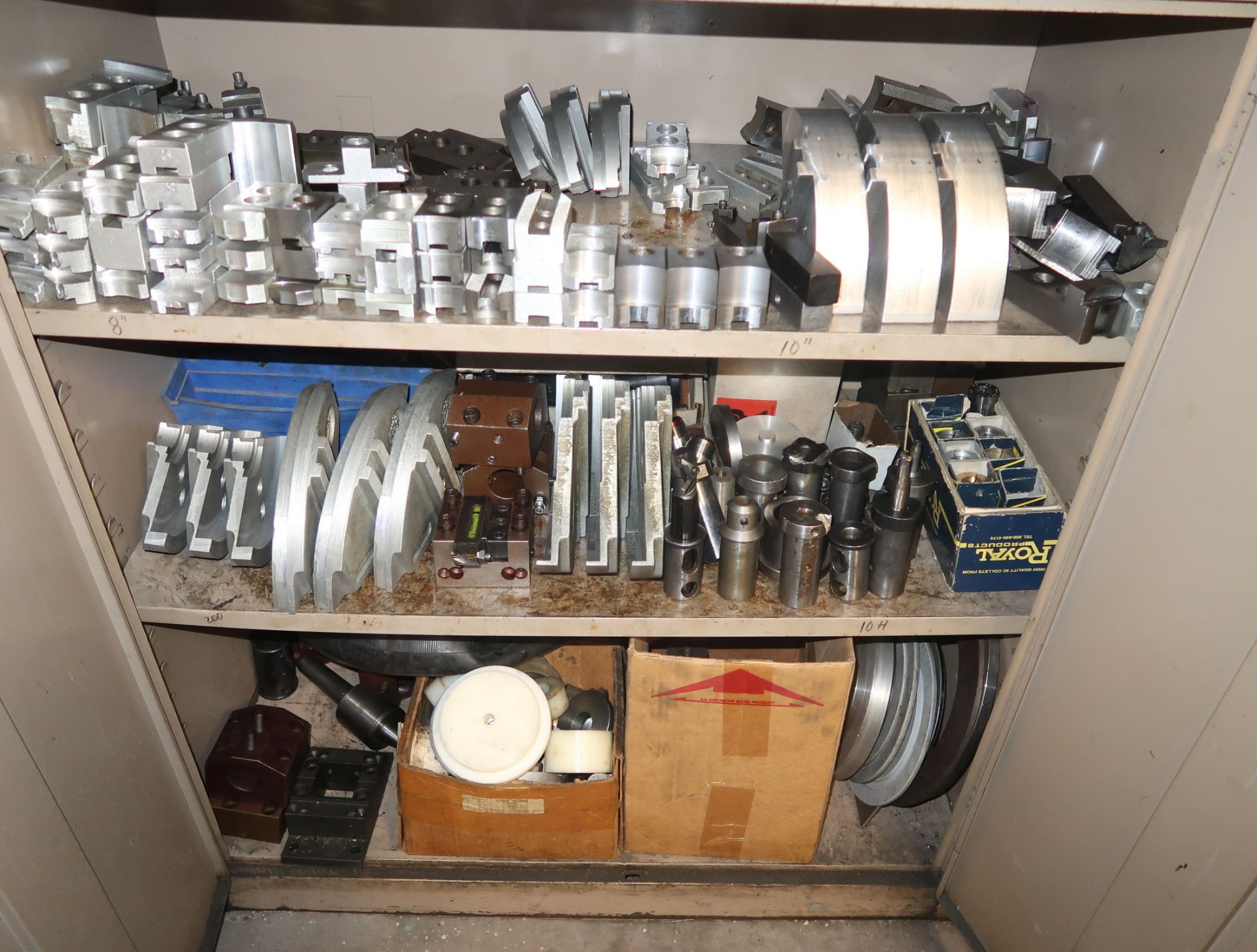 METAL STORAGE RACK W/ CONTENTS, CNC LATHE TOOLING, PIE JAWS, ETC. - Image 2 of 3