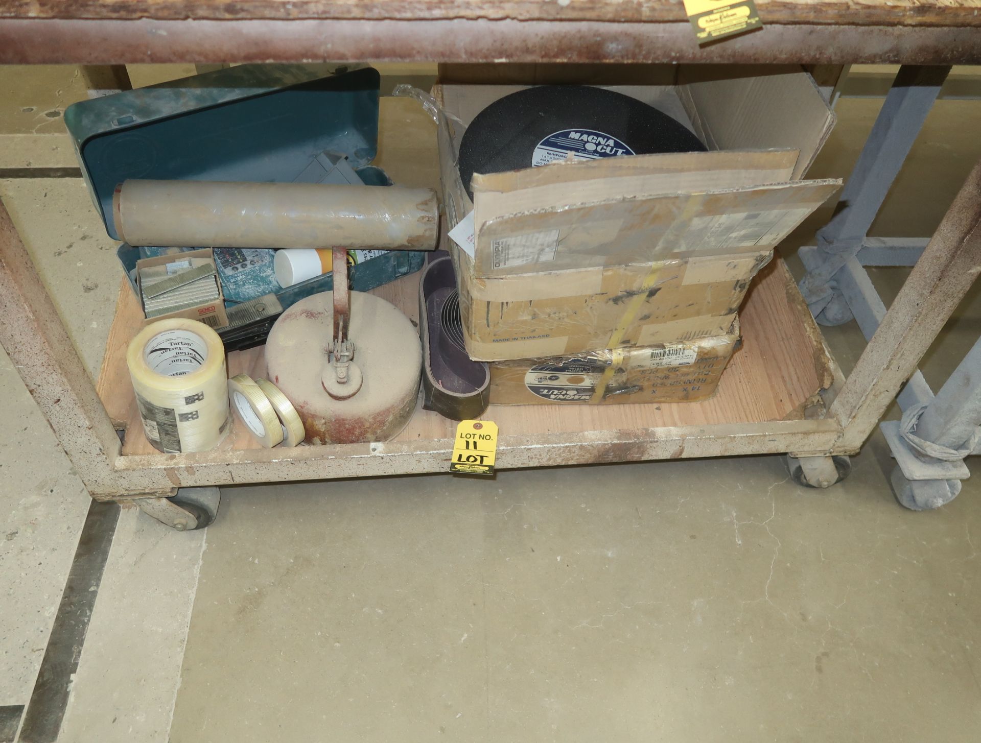 LOT SANDING BELTS, GAS CAN, STRAPPING TAPE, MAKITA CHARGER W/ CASE, 14" X 5/32" X 1" CUTT-OFF