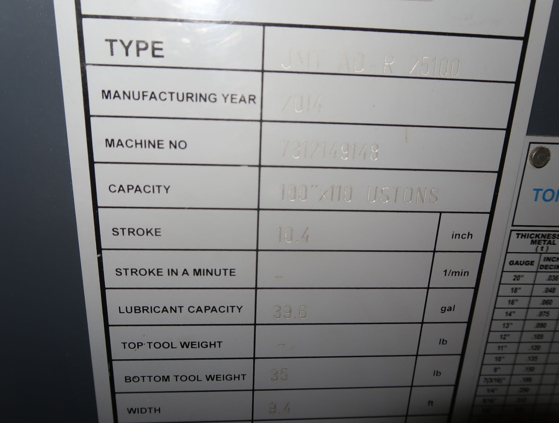 2014 JMT MDL. 100" X 110 US TON CNC PRESS BRAKE, MDL. JM-R8110, SN 7312149148, 230/460V 3PH - Image 5 of 8