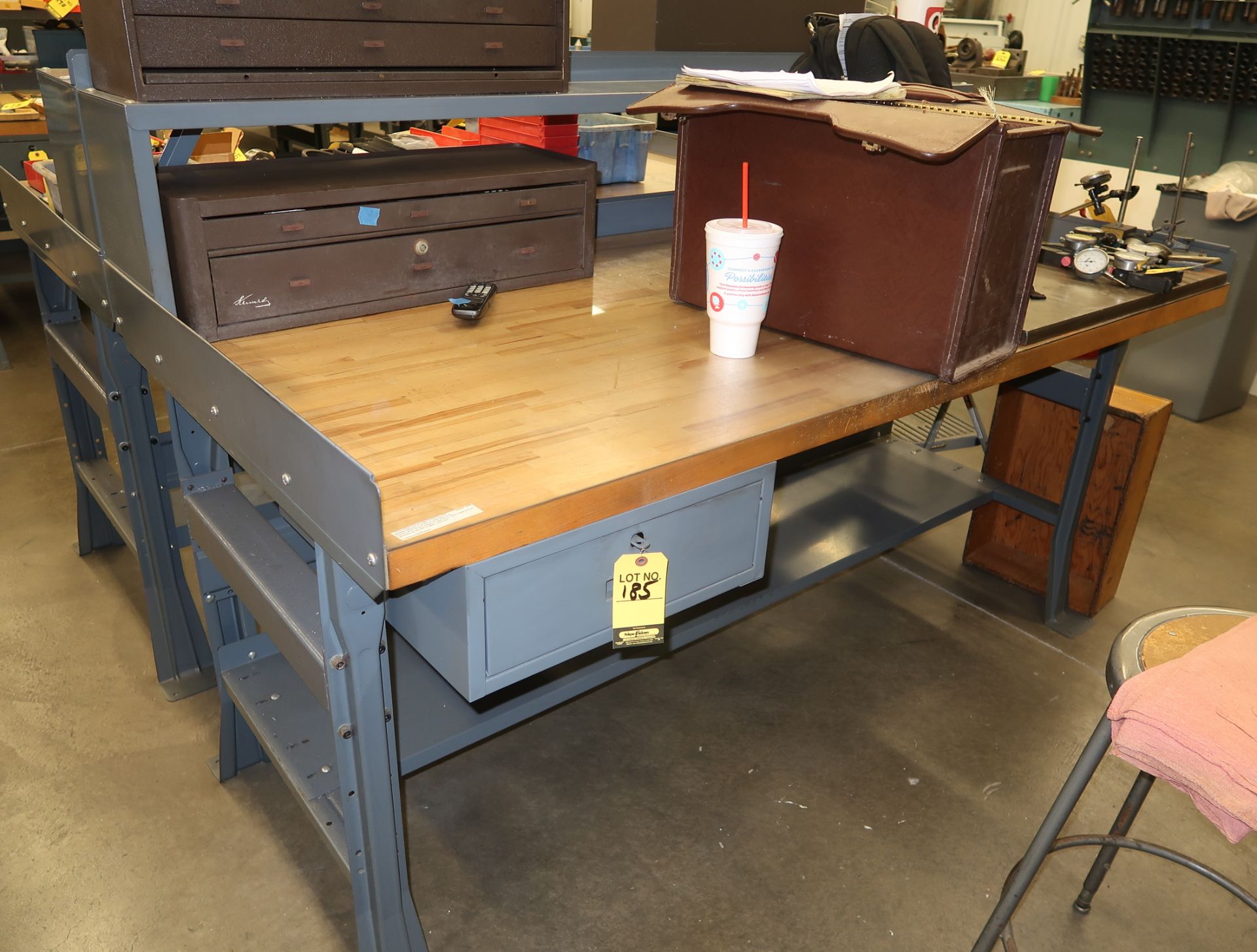 6' X 3' SHOP WORK STATION W/DRAWER, MAPLE TOP W/LEXAN COVER W/12" X 29" X 3/4" STEEL PLATE