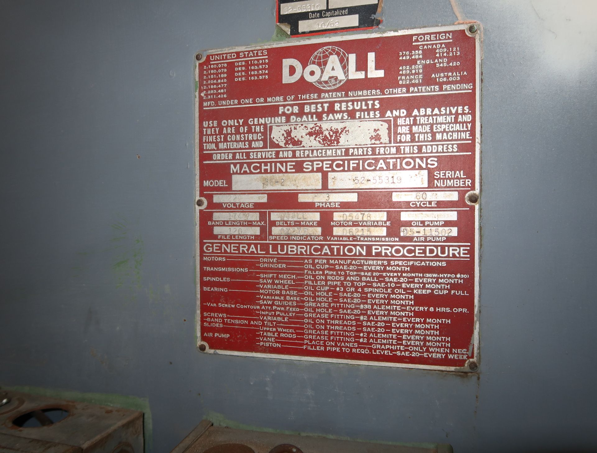 DOALL MDL. 36-2 VERTICAL BAND SAW, 30" X 36" TABLE, 220V 3PH, SN. 52-55319 - Image 5 of 5