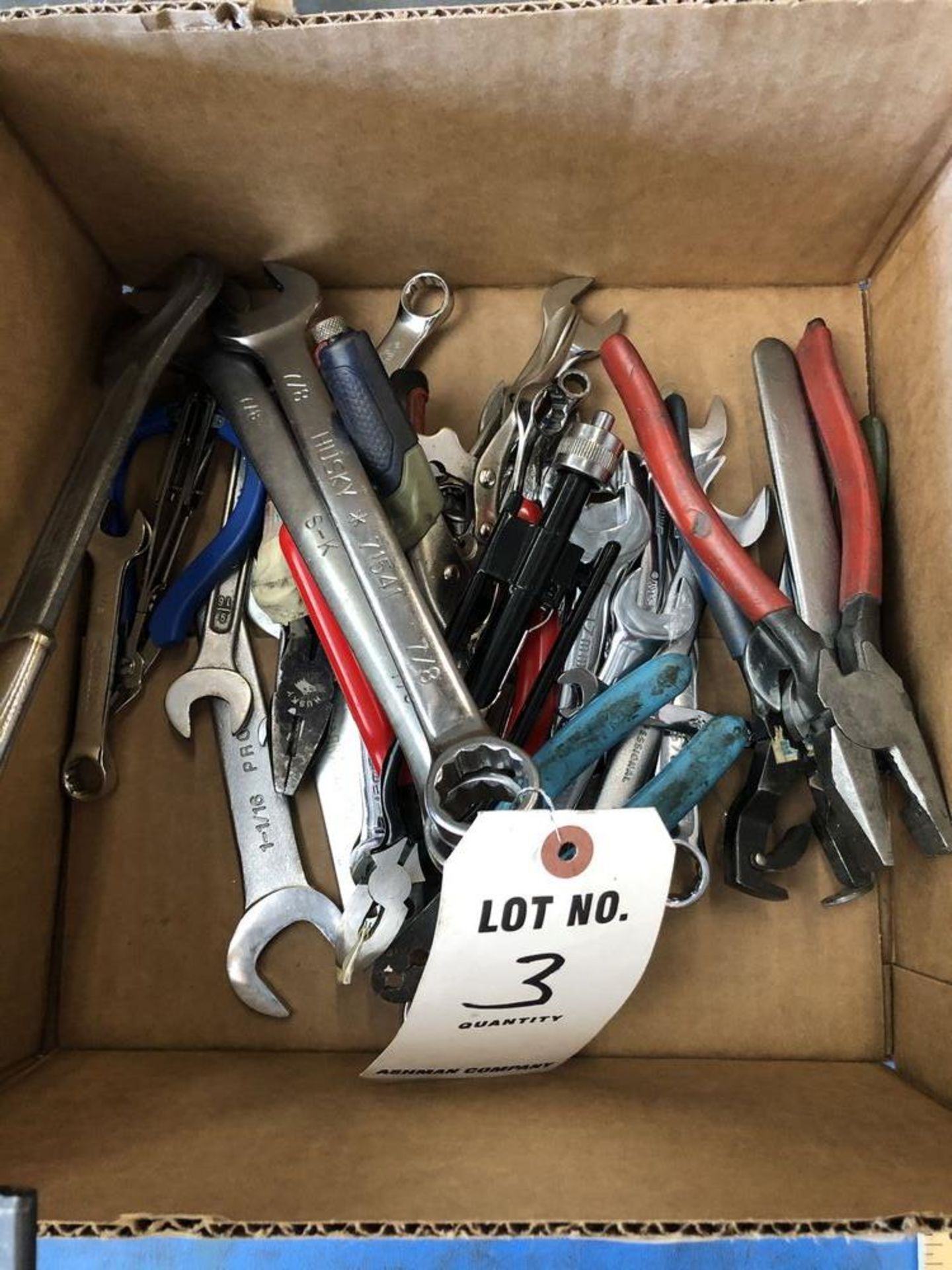 (LOT) MISC. HAND TOOLS BOX & OPEN END WRENCHES, PLIERS