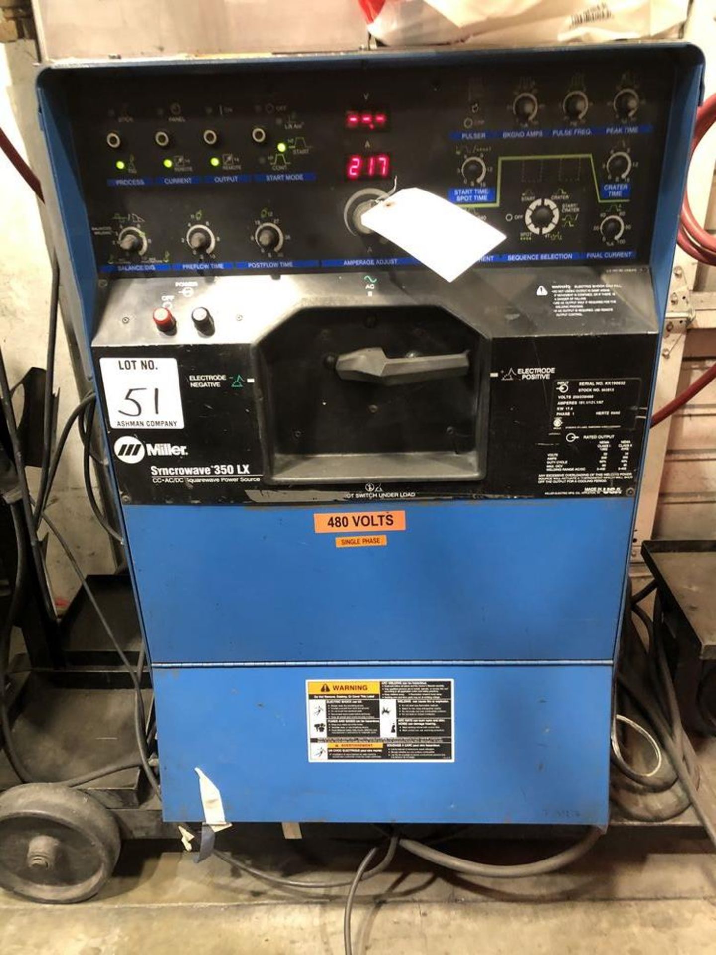 (1) MILLER SYNCROWAVE 350 LX AC/DC TIG WELDER WITH TIG-ER COOLER- S/N- KK190632