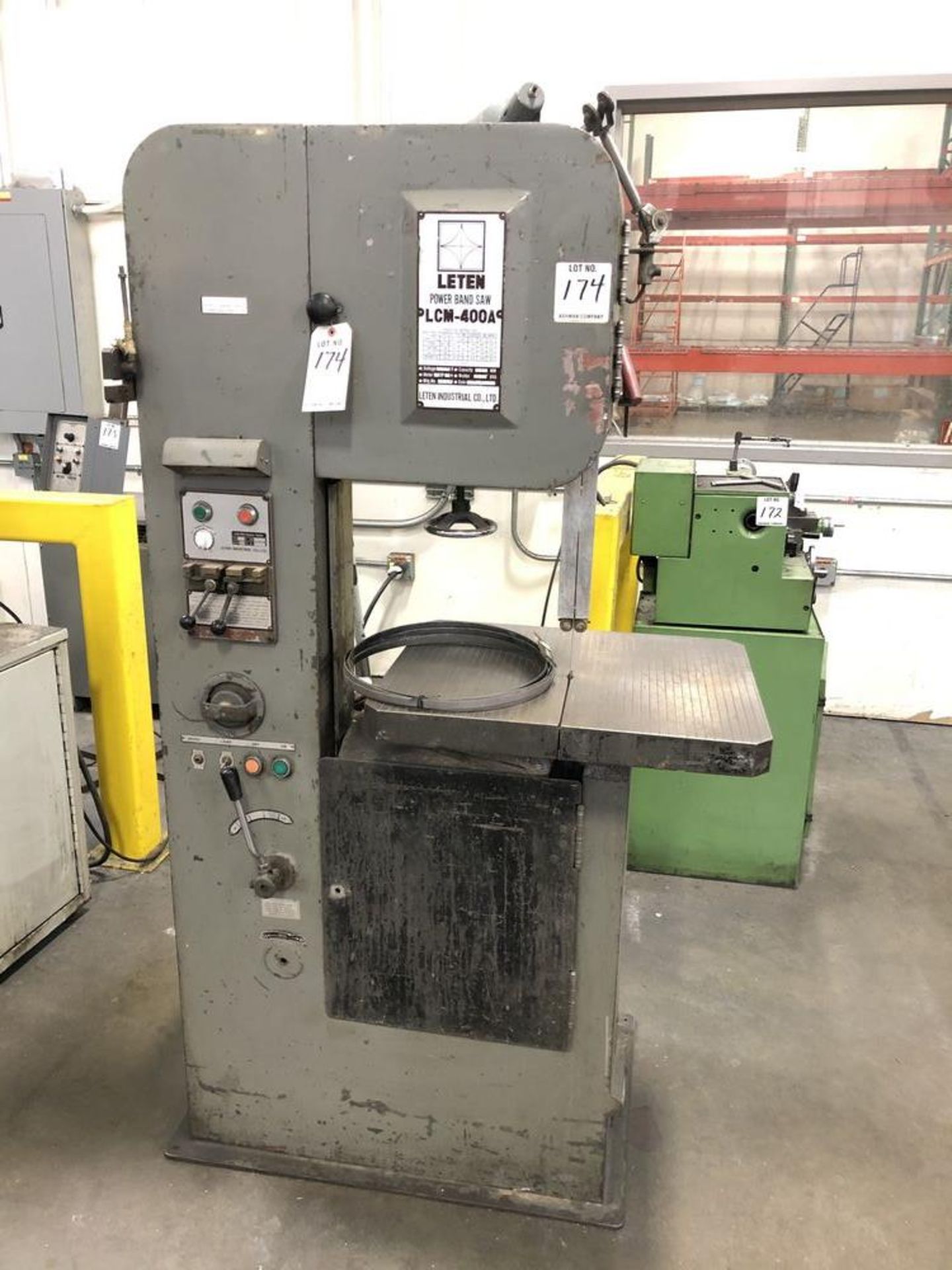 (1) Leten LCM-400A Vertical bandsaw- 16” Cap, 3 hp motor, s/n- 4005