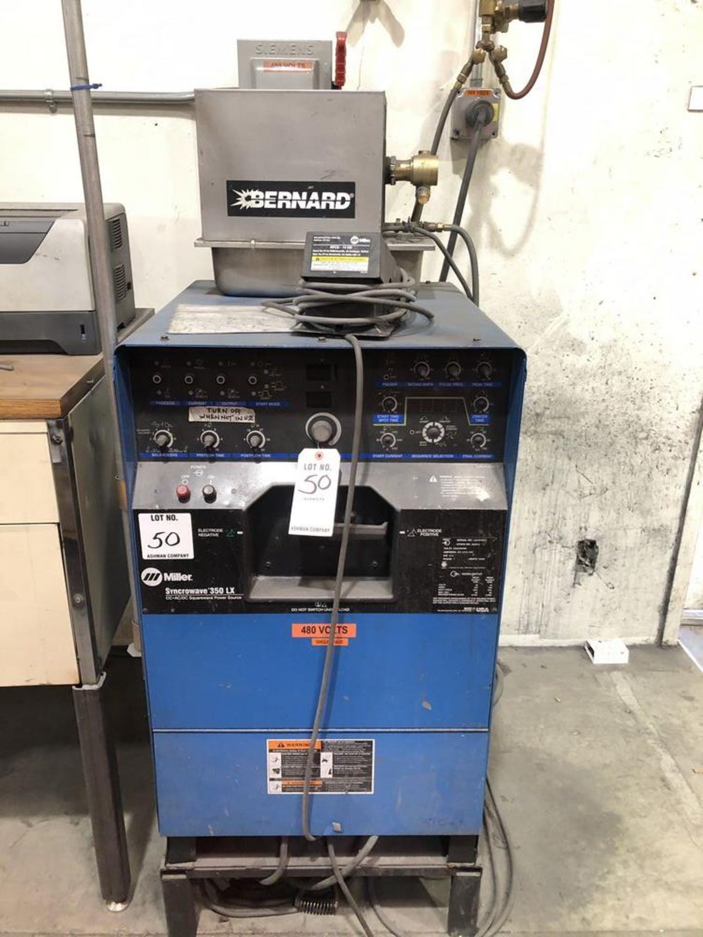 (1) MILLER SYNCROWAVE 350 LX AC/DC TIG WELDER WITH BERNARD COOLER S/N LA181832