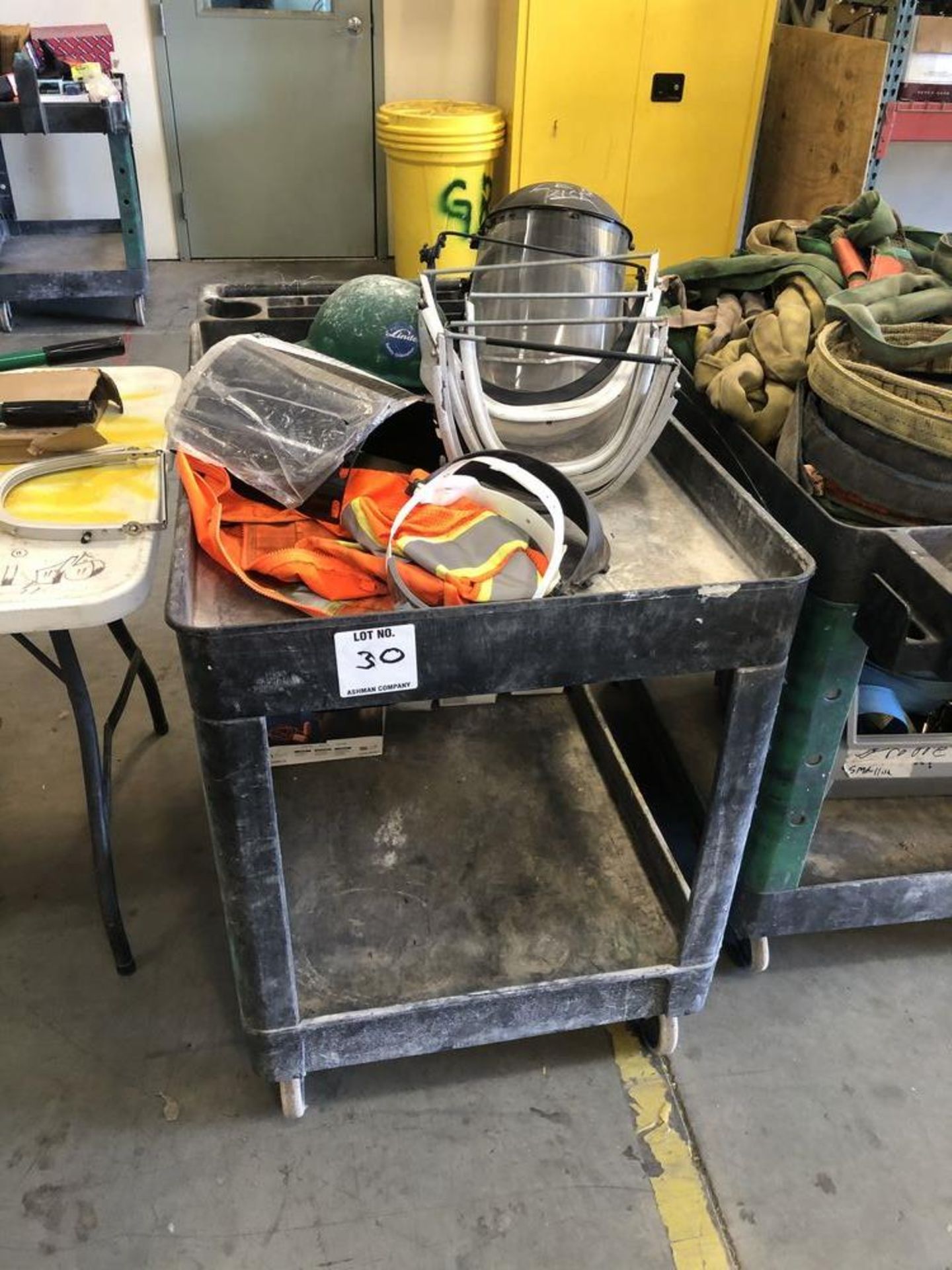 (LOT) MISC SAFETY EQUIPMENT- HARD HATS, FACESHEILDS, SHOP CART