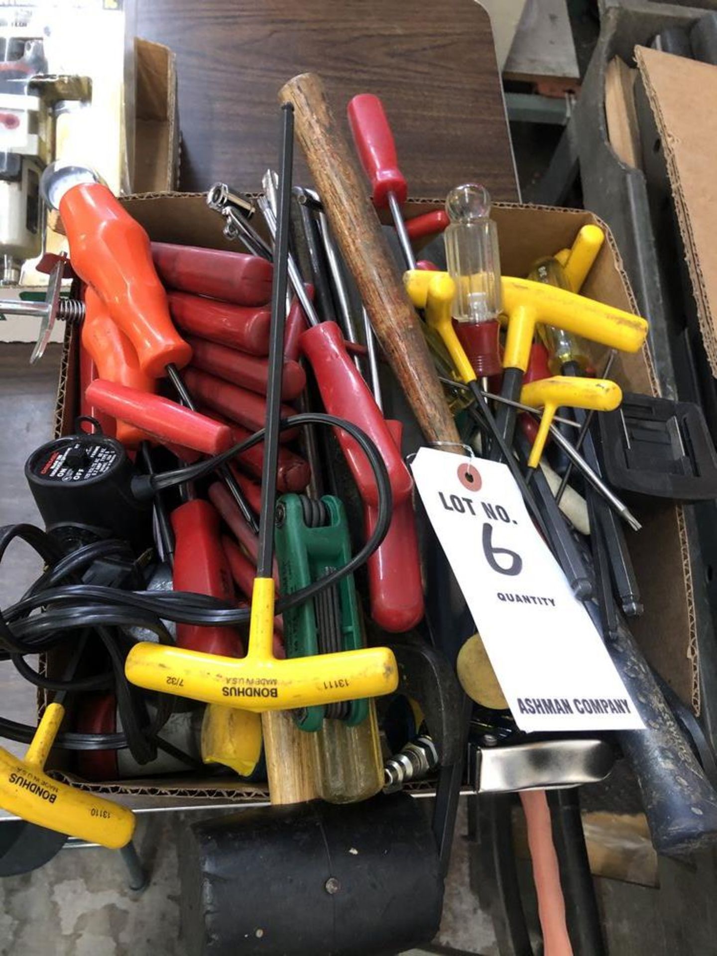(LOT) MISC HAND TOOLS- ALLEN WRENCHES, T WRENCHES, HAMMERS, ENGRAVER, CAULKING GUN, SCREW DRIVERS