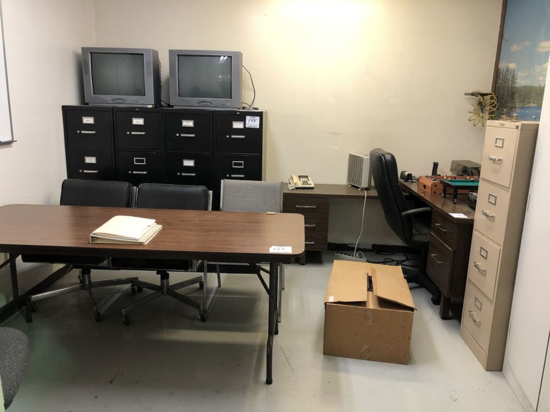 (LOT) CONTENTS OF ROOM- SHOP CABINET, FILE CABINETS, FOLDING TABLE, CHAIRS, DESK, WHITEBOARD, APEX