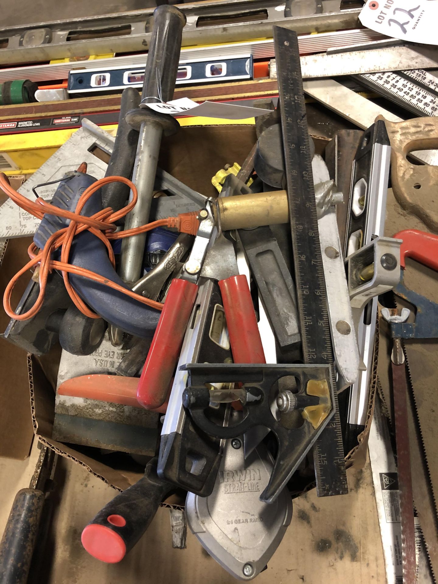 (LOT) MISC HAND TOOLS- GLUE GUN, LEVELS, SQUARES, STRAIGHT LINES, PUTTY KNIVES