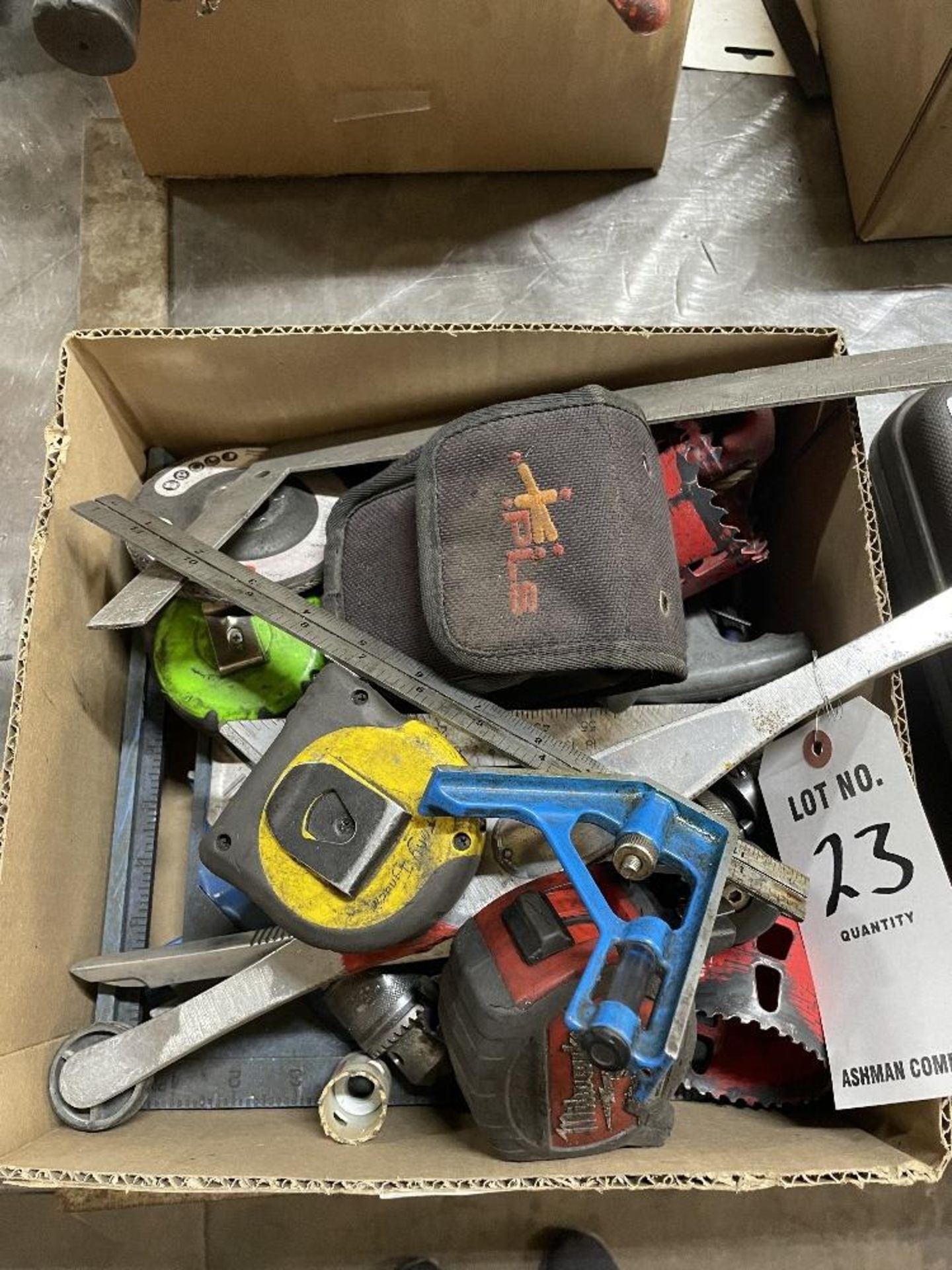 Lot of misc hand tools- tape guns, tube cutter, allen wrenches, squares, pls3 laser level