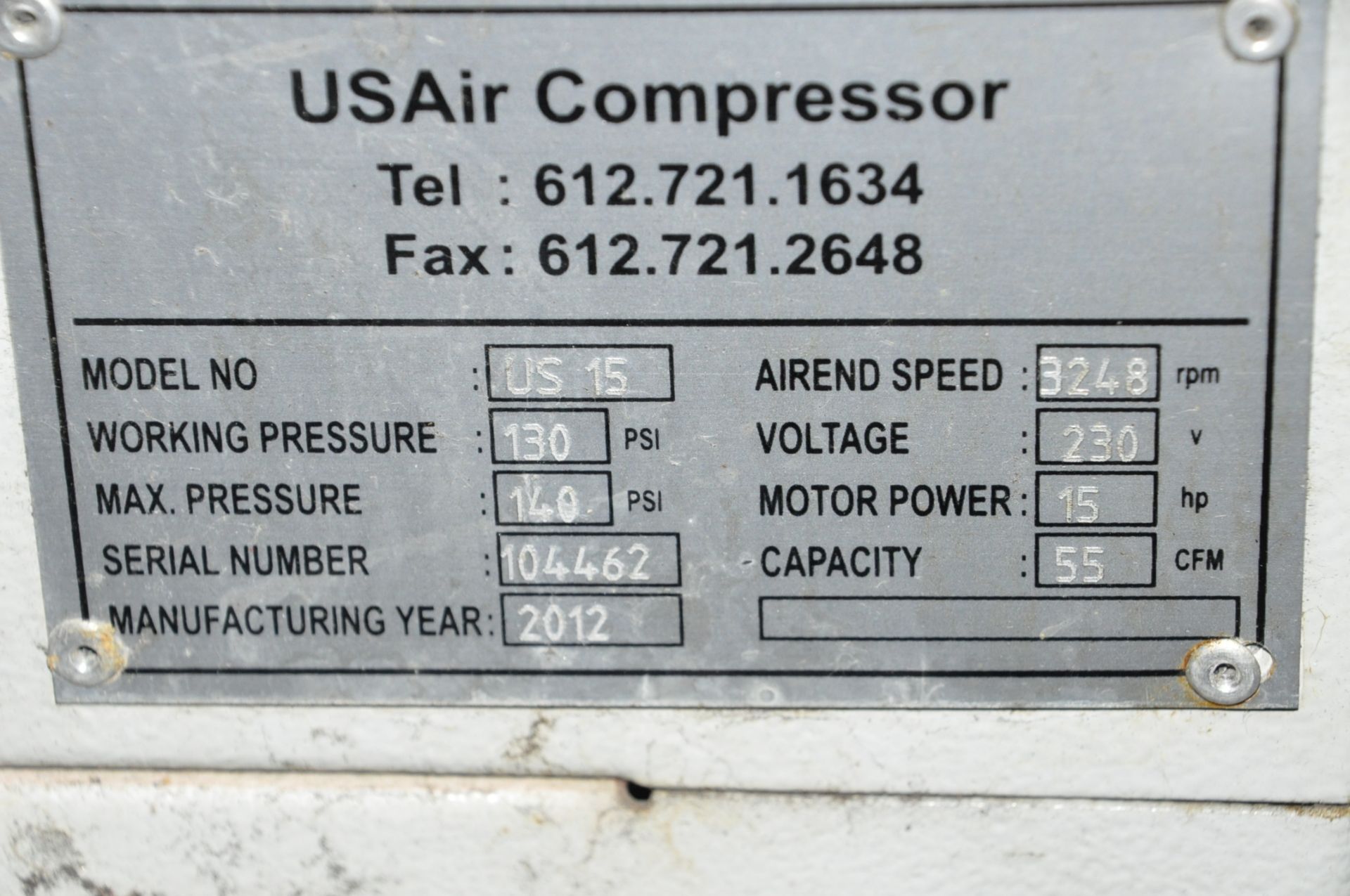 US Air Compressor Model US15, 15-HP Rotary Package Air - Image 2 of 2