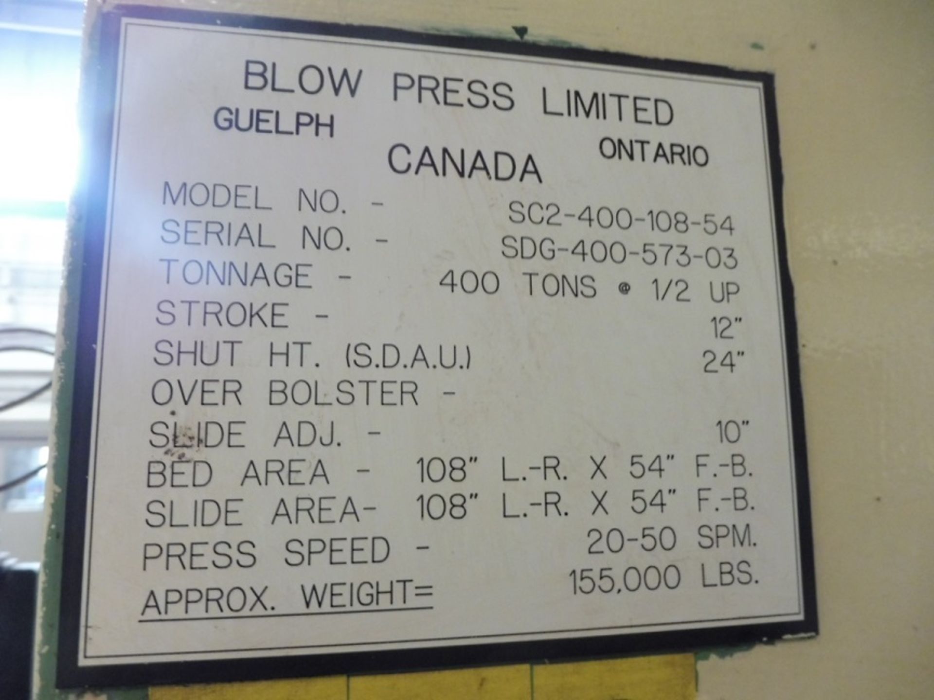 2003 BLOW “SC2-400-108-54” STRAIGHT SIDE PRESS: S/N: SDG-400-575-03 - Image 2 of 25