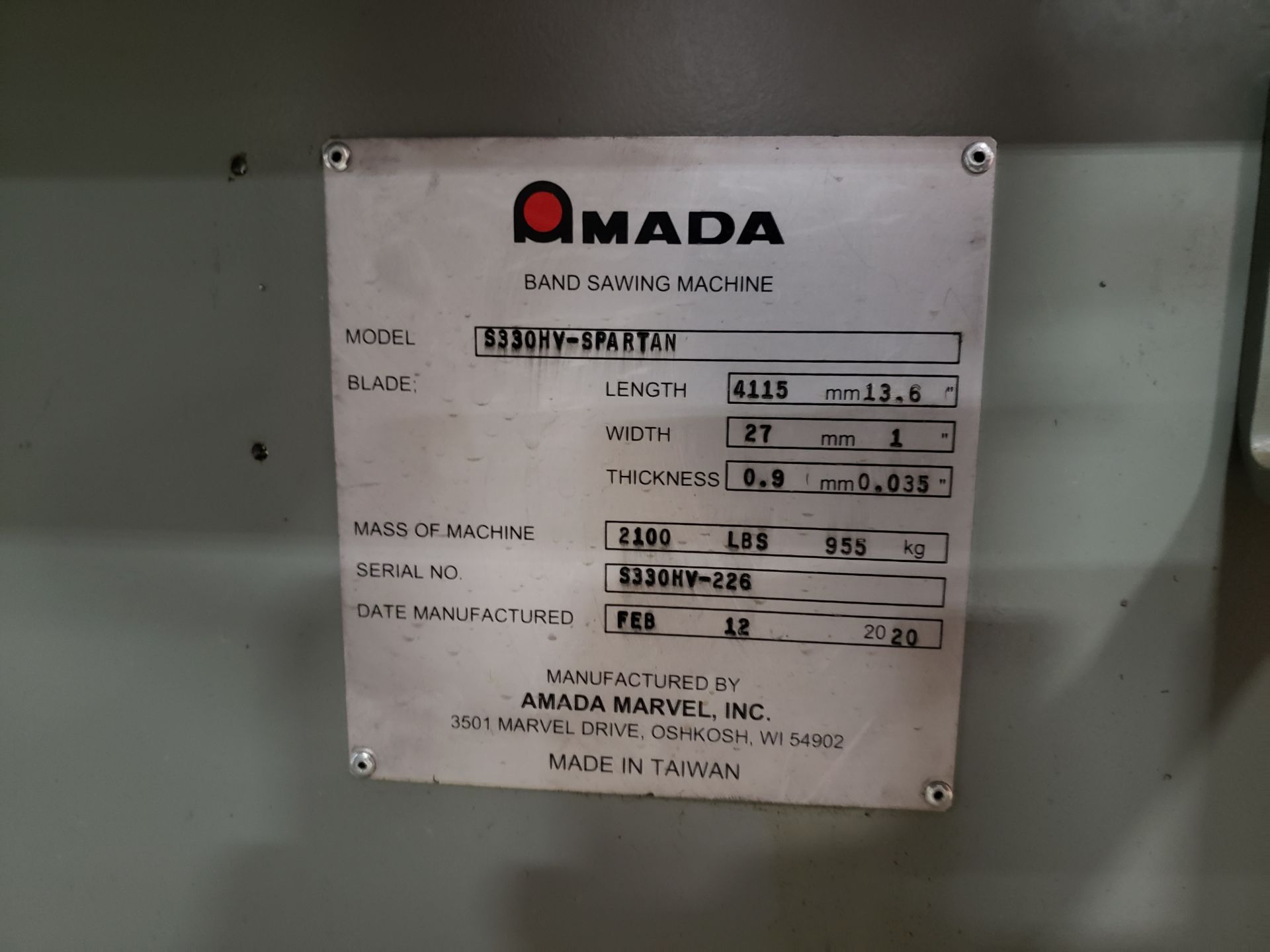 Amada Marvel Model S330HV Spartan Horizontal Bandsaw - Image 7 of 11