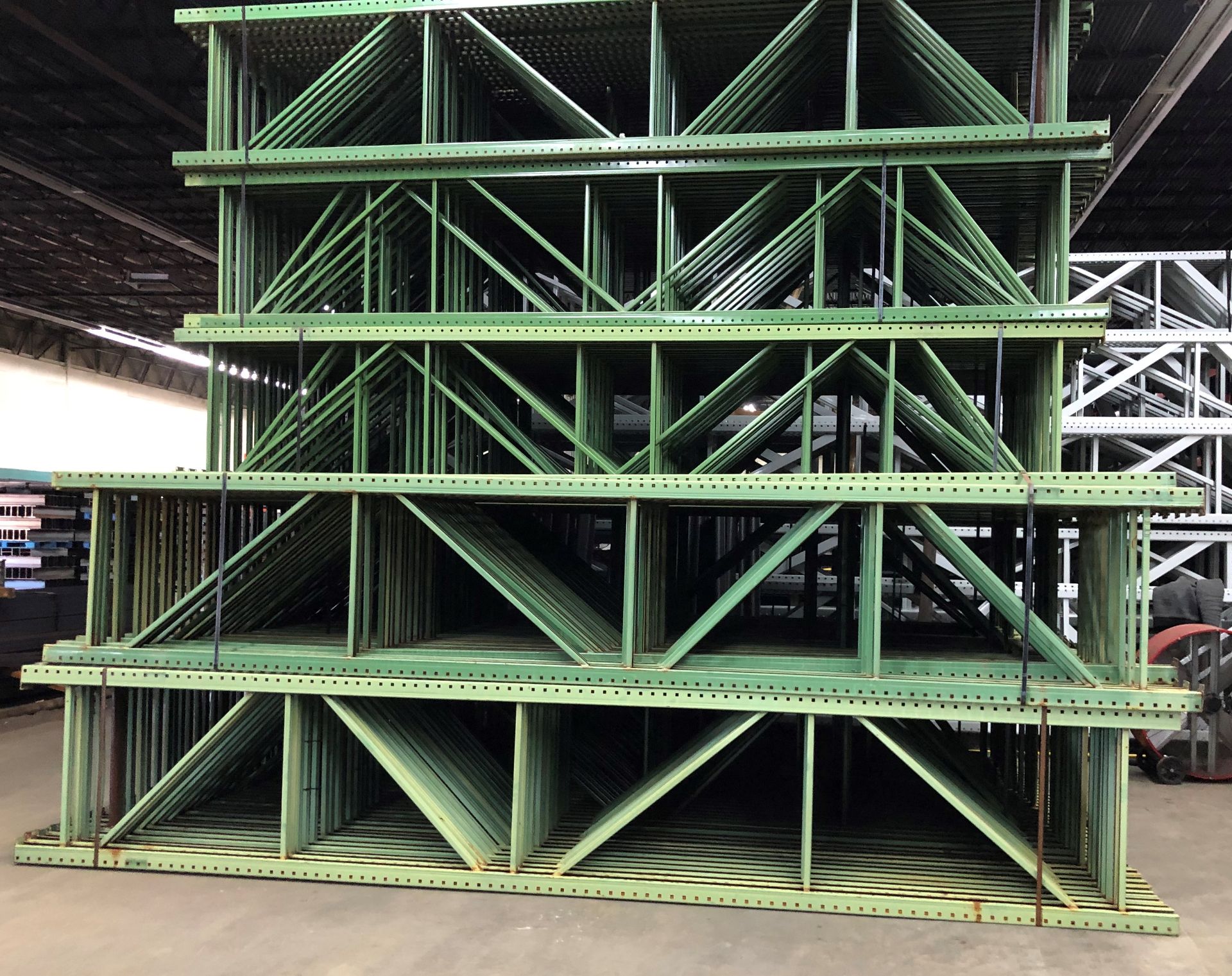 9 BAYS OF 16'H X 34"D X 90"L TEARDROP STYLE PALLET RACKS