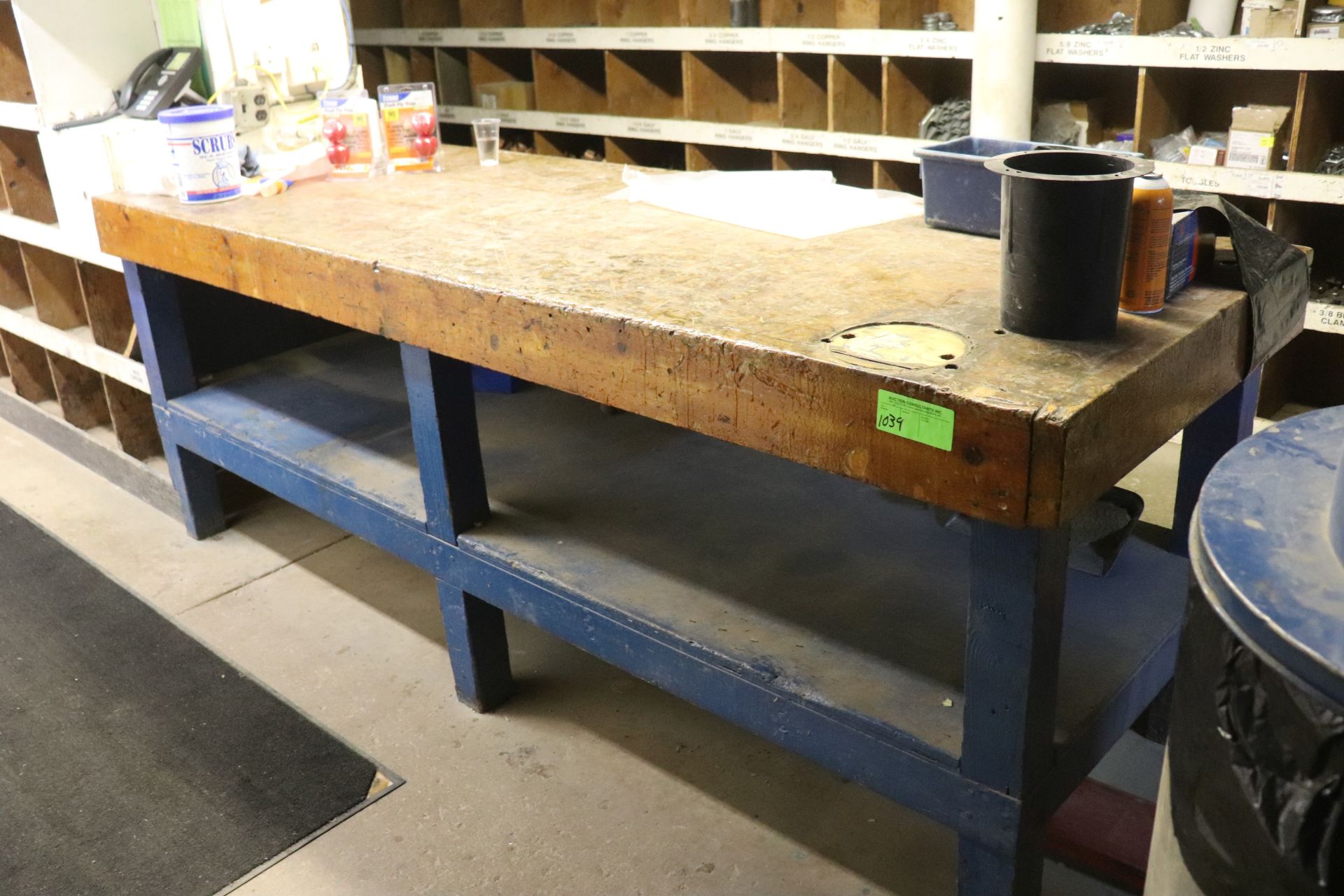 Wooden work table, approximately 8' long, 2-1/2' wide