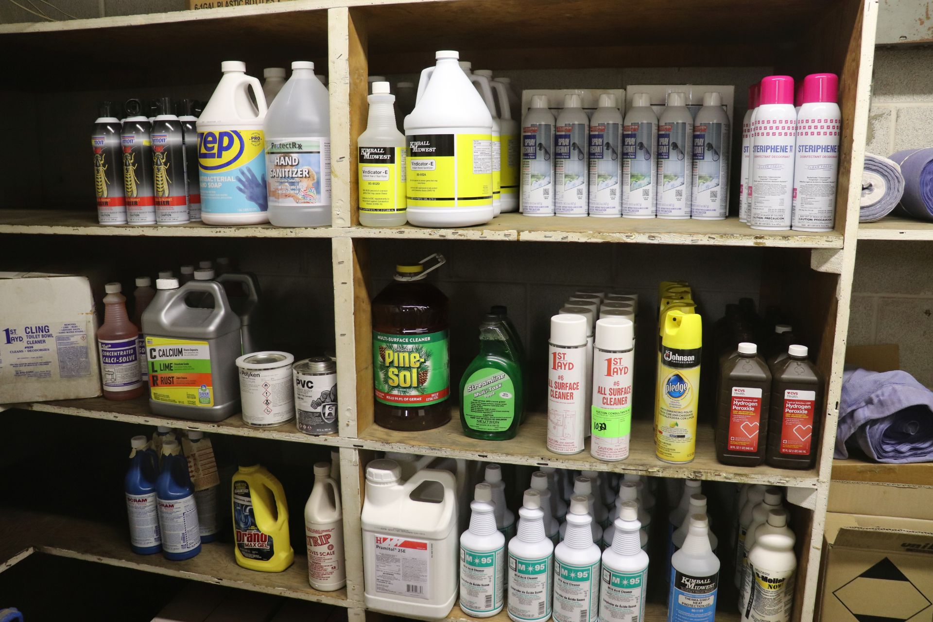 Group of cleaning supplies consisting of bleach, hydrogen peroxide, Pine-Sol, hand sanitizer and CLR