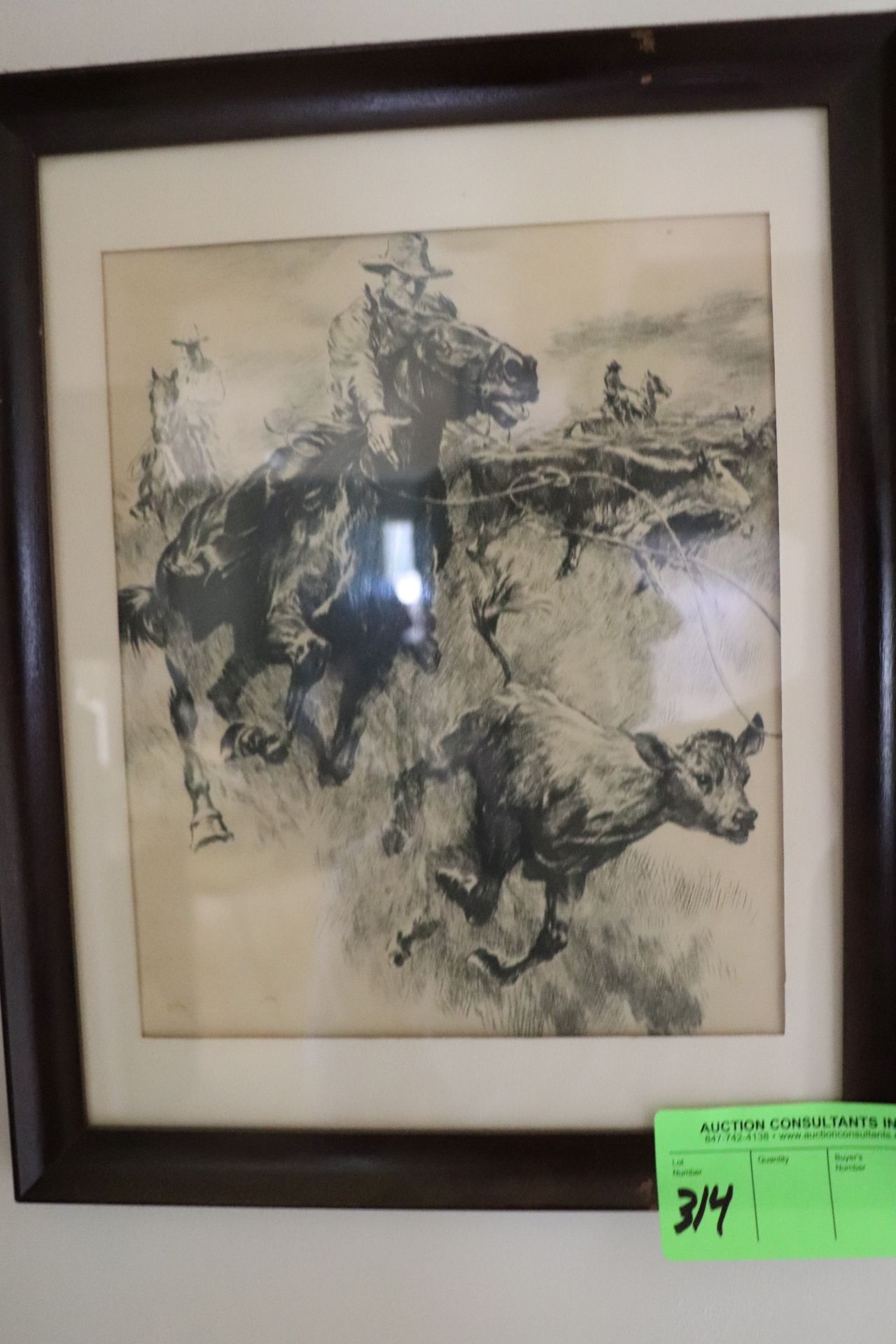 Three framed prints: one depicting cowboy scene, one depicting Pumbaa's hunting, and ship on ocean s