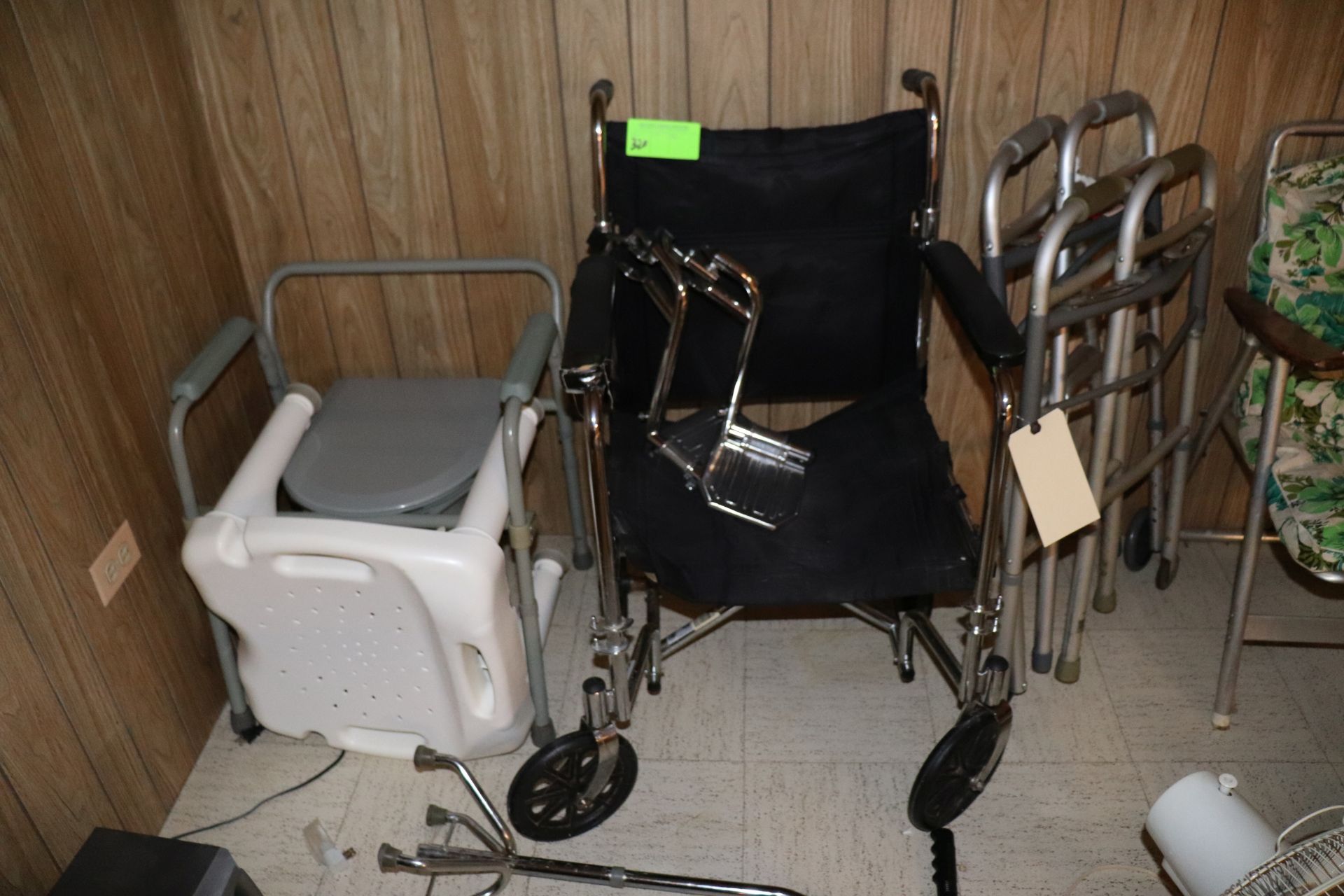 Group: wheelchair, walkers, commode seat, shower seat